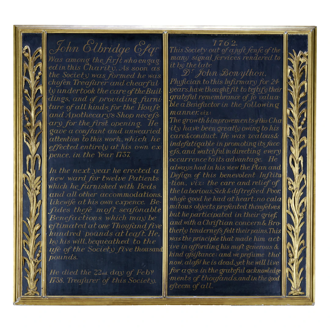 GEORGE III CARVED GILTWOOD, GILT, AND EBONISED BENEFACTOR BOARDS FOR