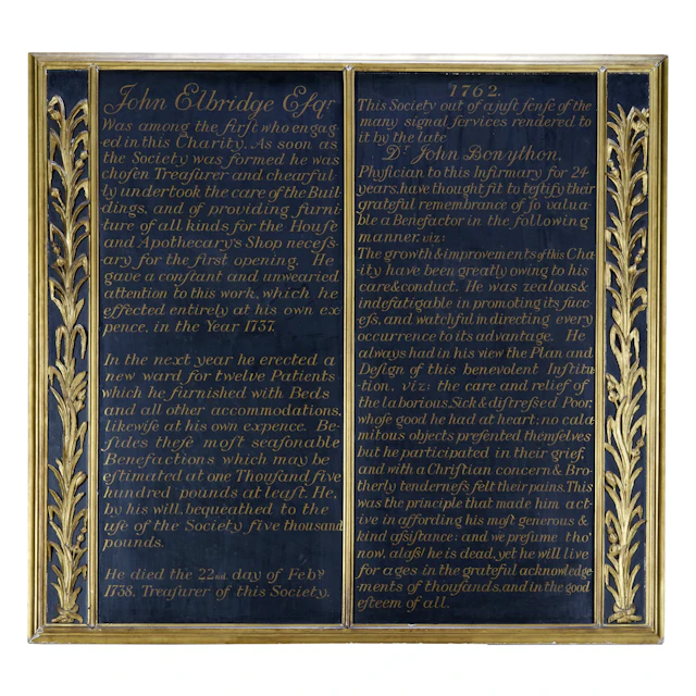 GEORGE III CARVED GILTWOOD, GILT, AND EBONISED BENEFACTOR BOARDS FOR