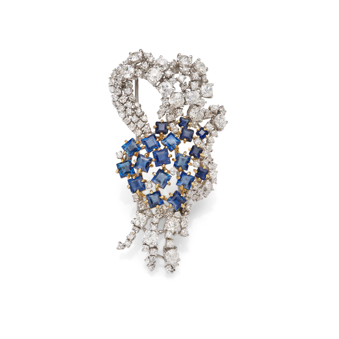 A sapphire and diamond brooch, circa 1965