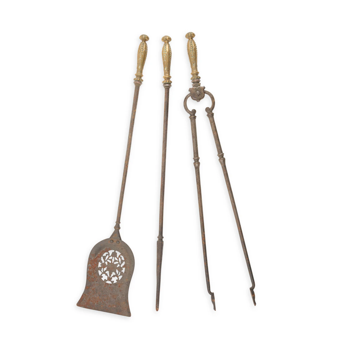 SET OF THREE GEORGIAN STEEL AND BRASS FIRE TOOLS