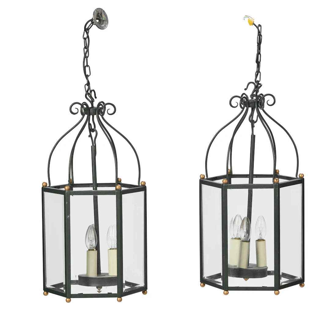 PAIR OF LONSDALE & DUTCH HEXAGONAL PATINATED METAL HALL LANTERNS