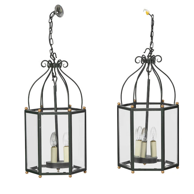 PAIR OF LONSDALE & DUTCH HEXAGONAL PATINATED METAL HALL LANTERNS