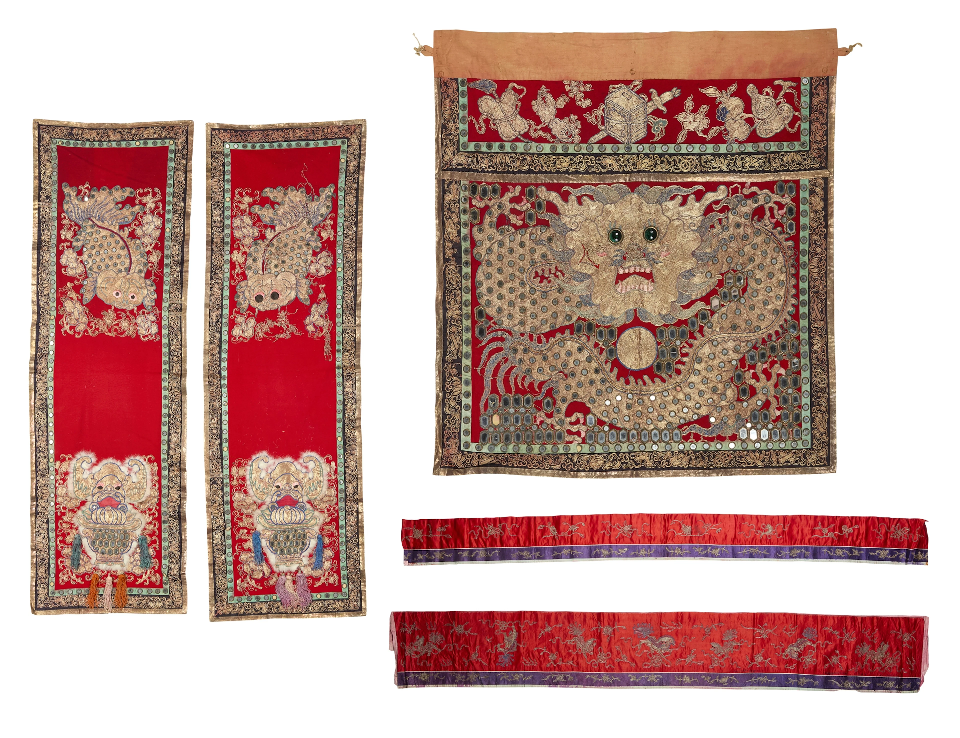 GROUP OF FIVE CHINESE RED-GROUND SILK EMBROIDERED PANELS