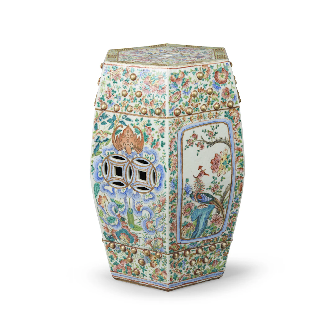 CHINESE FAMILLE ROSE HEXAGONAL 'BIRD AND FLOWER' GARDEN SEAT