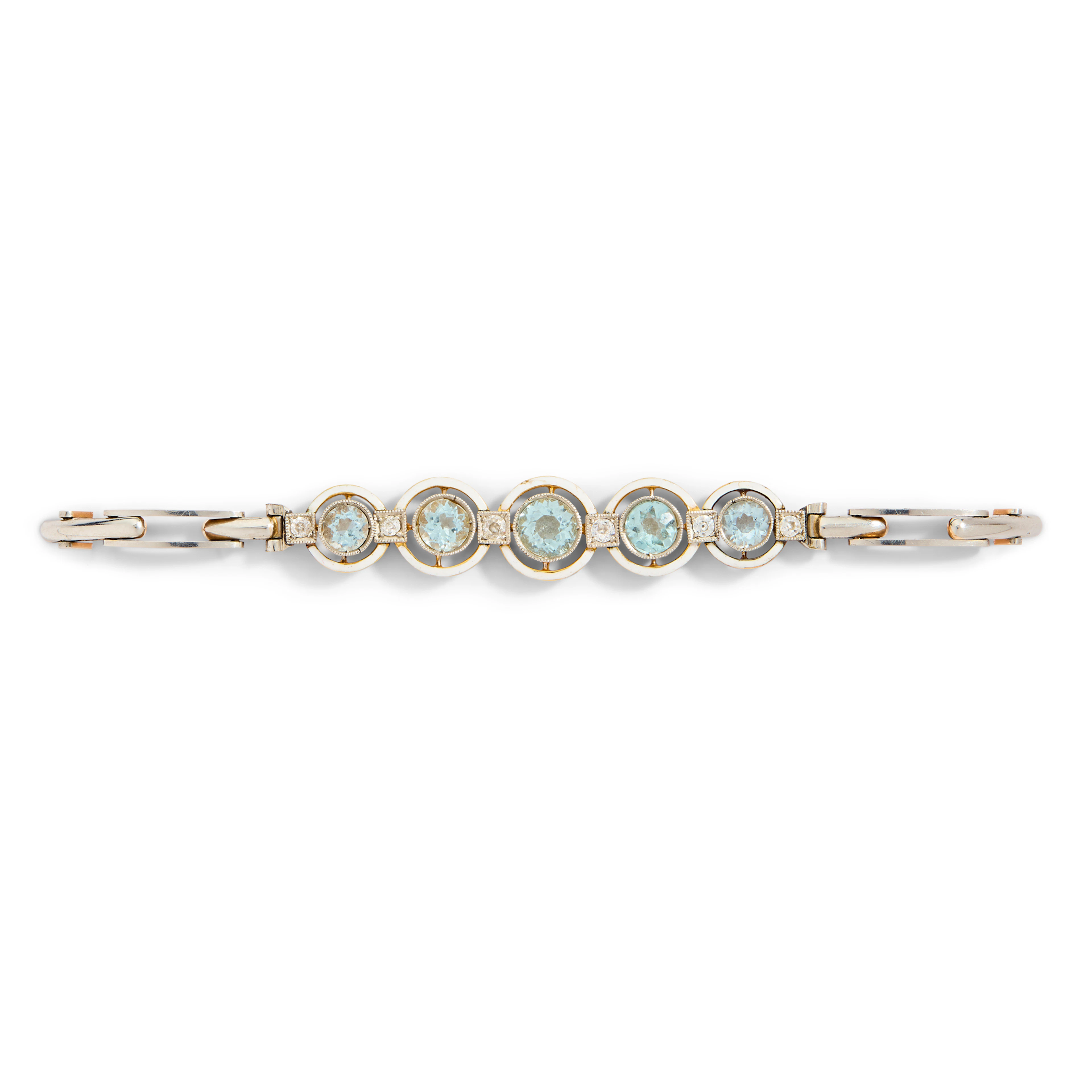 An early 20th century aquamarine, diamond and enamel bracelet