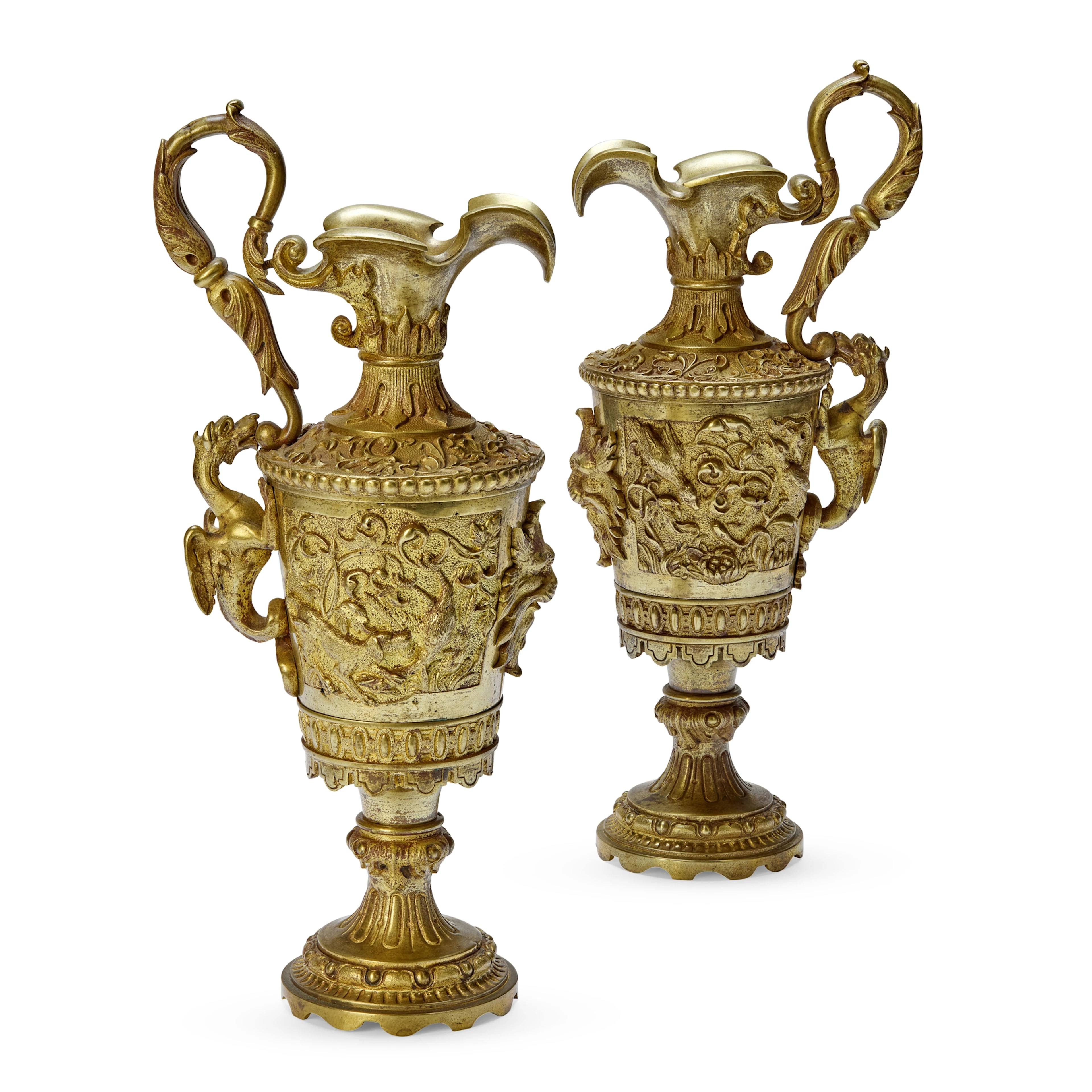 PAIR OF ITALIAN RENAISSANCE STYLE GILT BRONZE EWERS, IN THE MANNER OF CELLINI