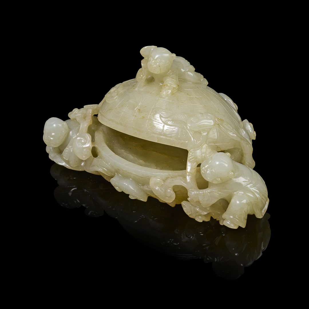 CHINESE WHITE JADE CARVING OF BOYS ON BASKET
