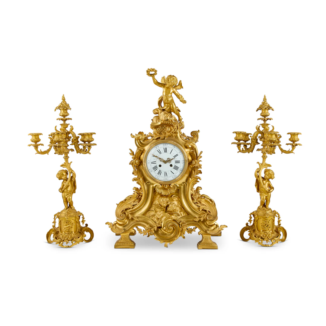 FRENCH NAPOLEON III GILT BRONZE MANTEL CLOCK GARNITURE, IN THE MANNER