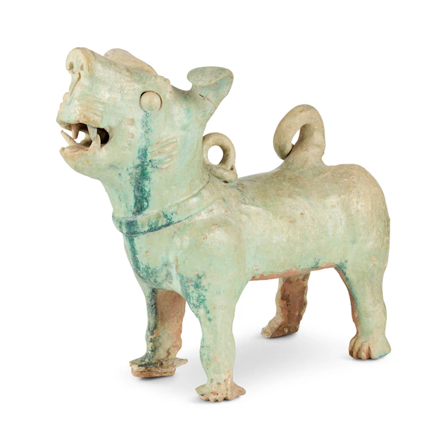 CHINESE GREEN-GLAZED POTTERY MODEL OF A DOG