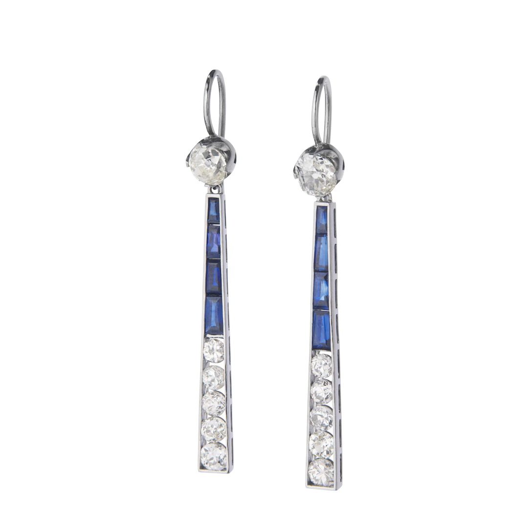 A pair of sapphire and diamond pendent earrings