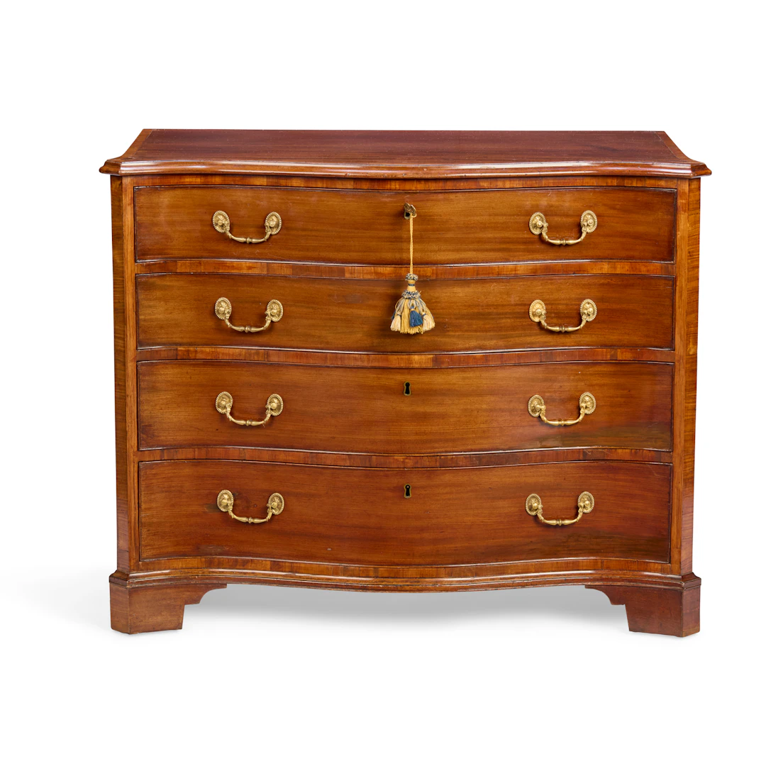 GEORGE III MAHOGANY AND SATINWOOD SERPENTINE CHEST OF DRAWERS