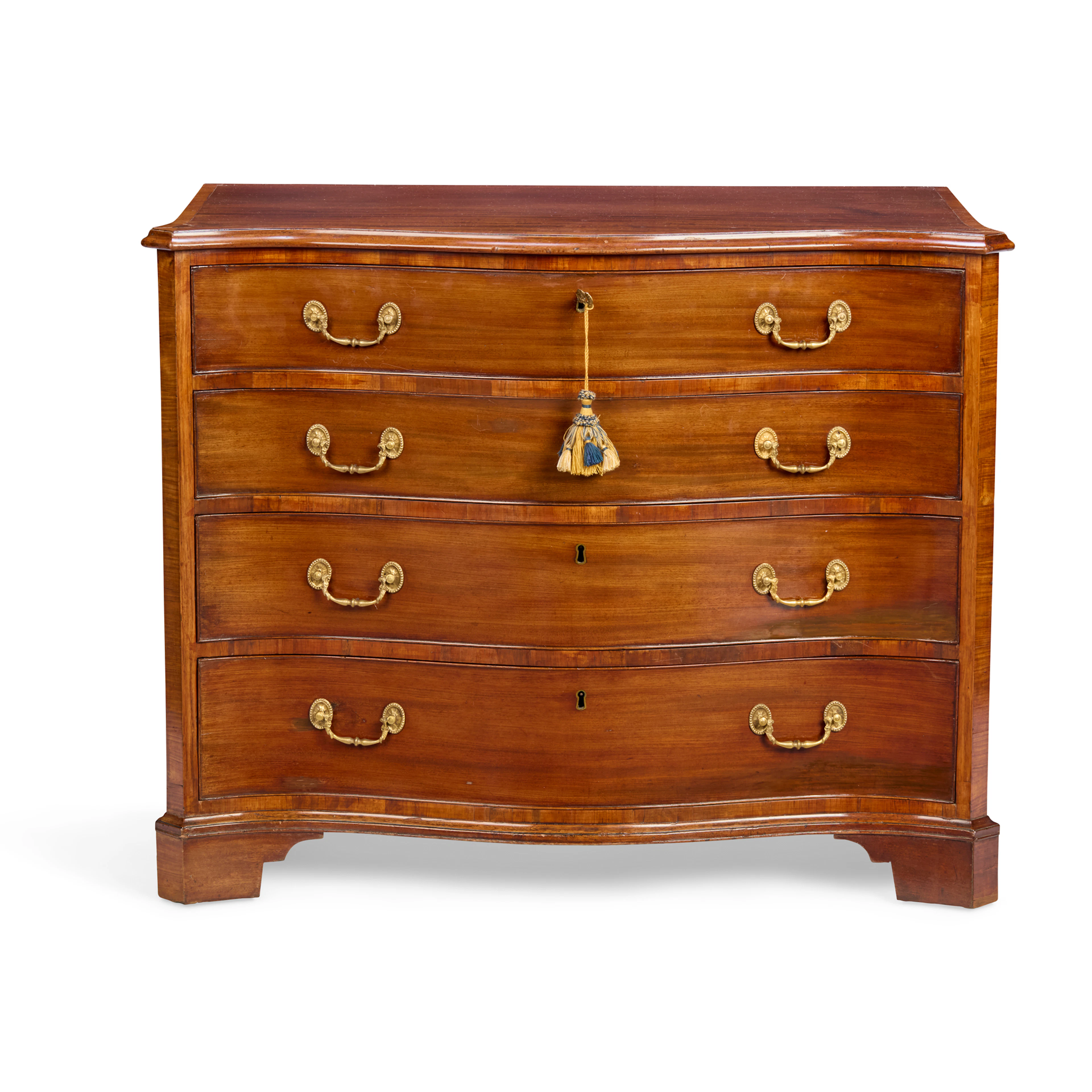 GEORGE III MAHOGANY AND SATINWOOD SERPENTINE CHEST OF DRAWERS