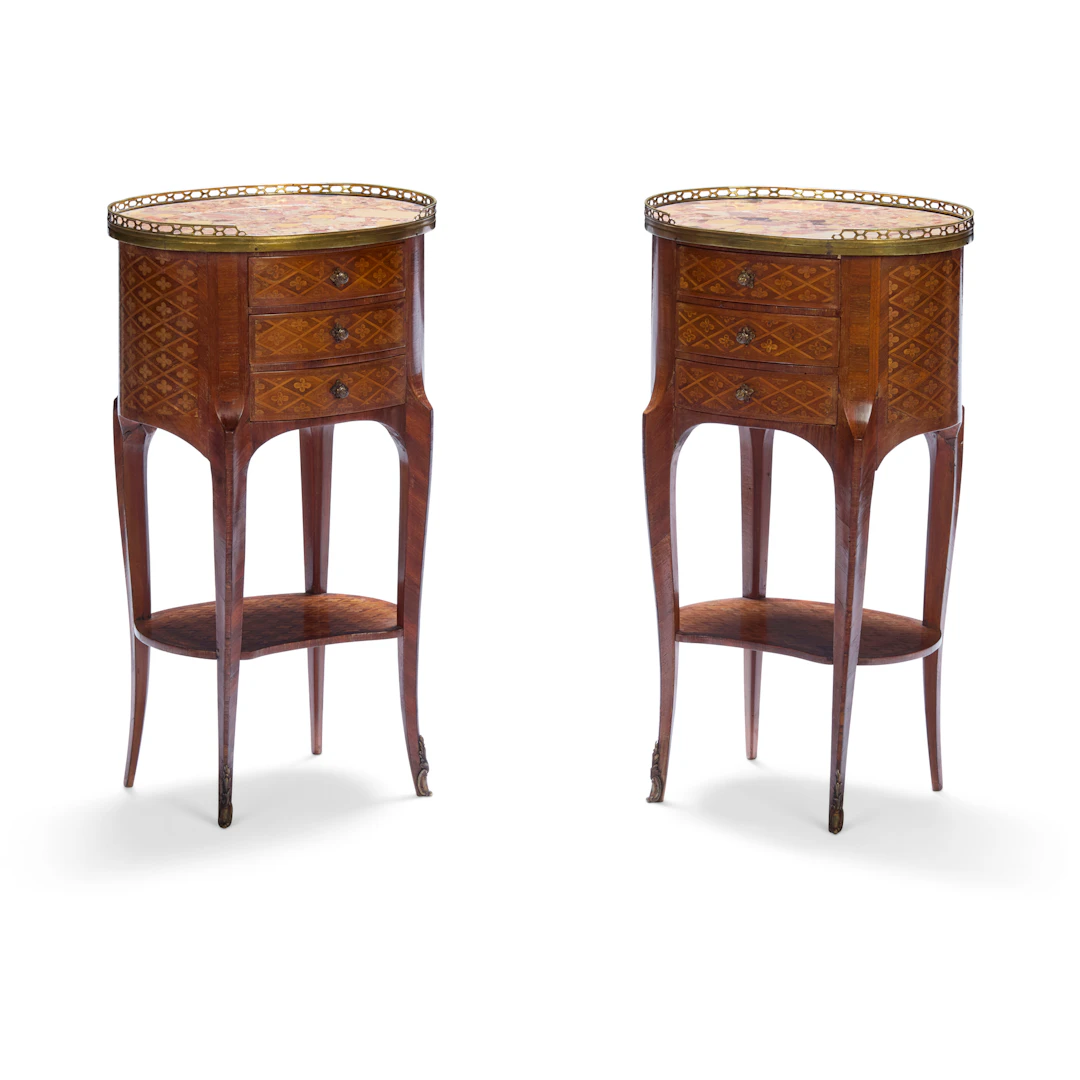 PAIR OF FRENCH KINGWOOD AND FRUITWOOD PARQUETRY MARBLE TOPPED CHIFFONIERES