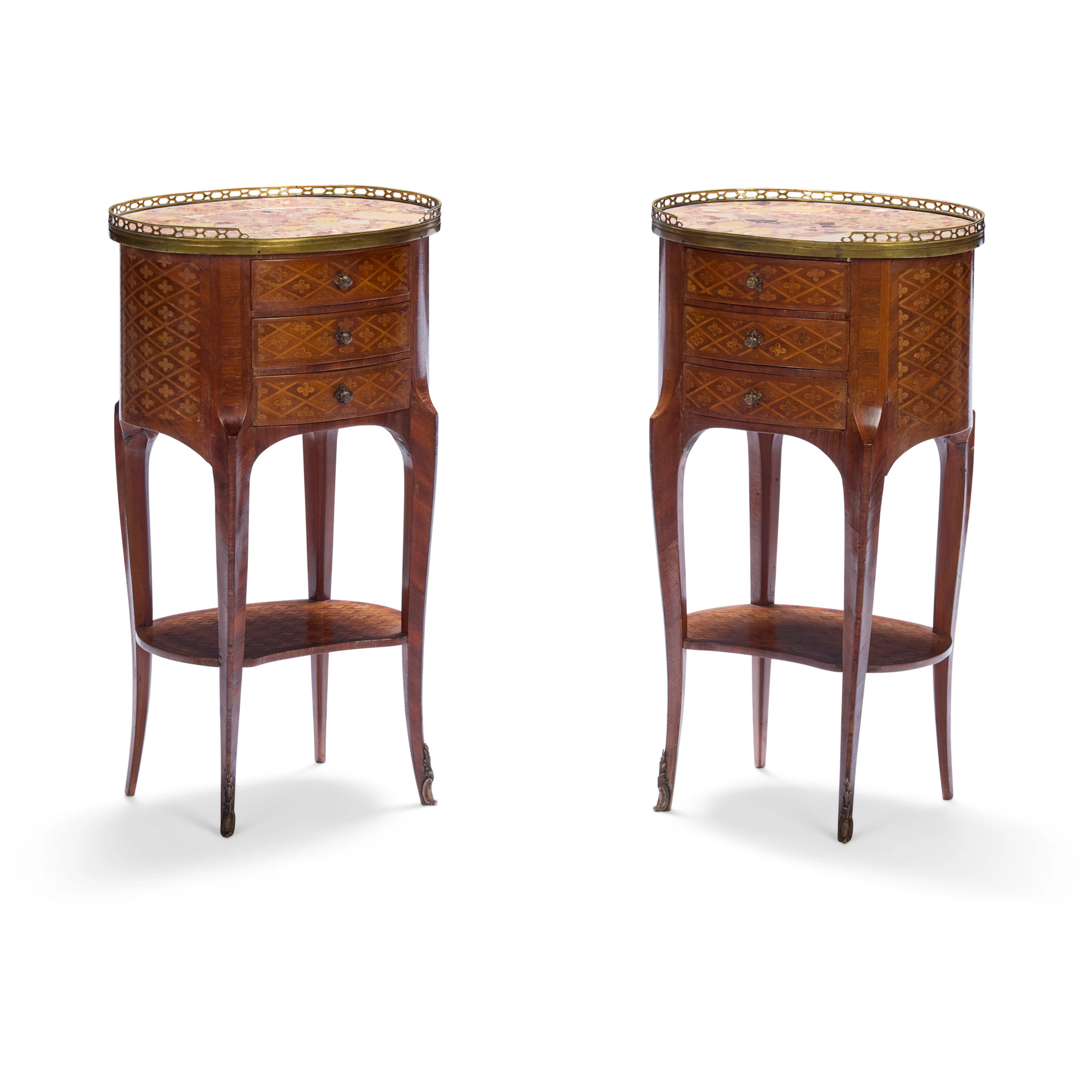 PAIR OF FRENCH KINGWOOD AND FRUITWOOD PARQUETRY MARBLE TOPPED CHIFFONIERES