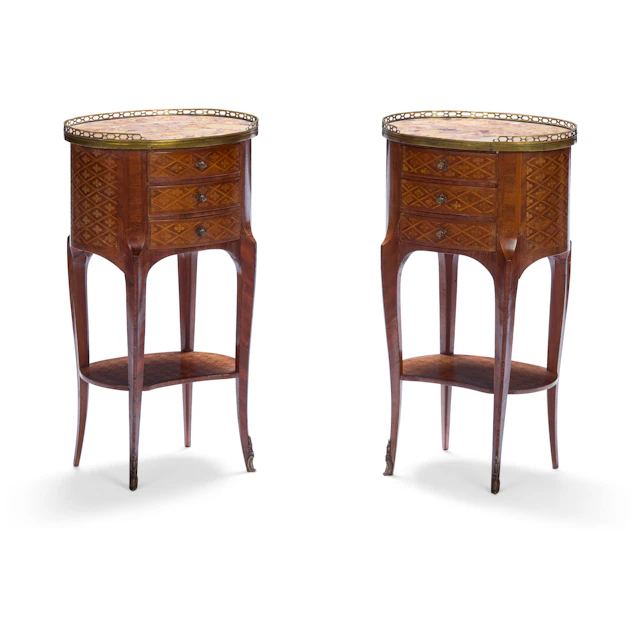 PAIR OF FRENCH KINGWOOD AND FRUITWOOD PARQUETRY MARBLE TOPPED CHIFFONIERES