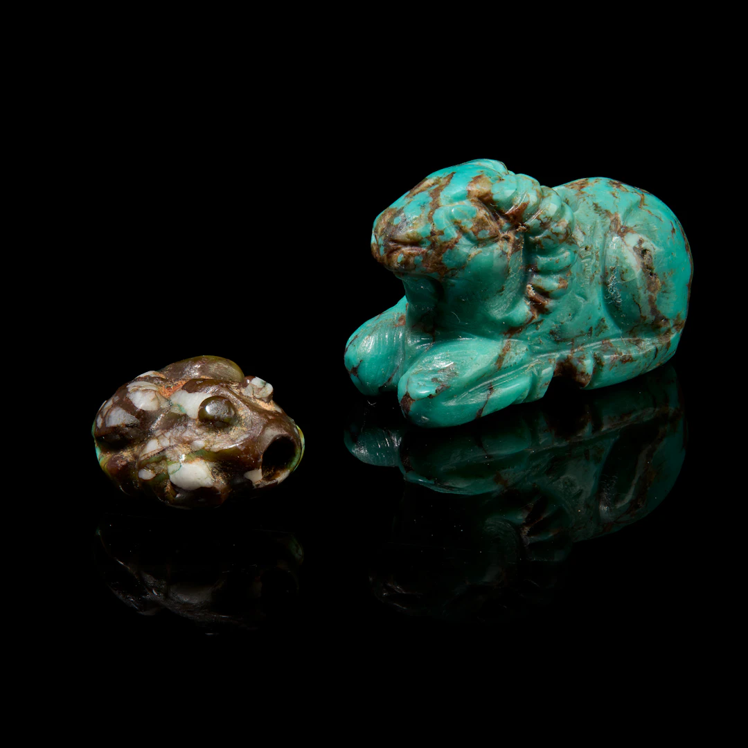 TWO CHINESE TURQUOISE MATRIX CARINGS OF RAM AND TOAD
