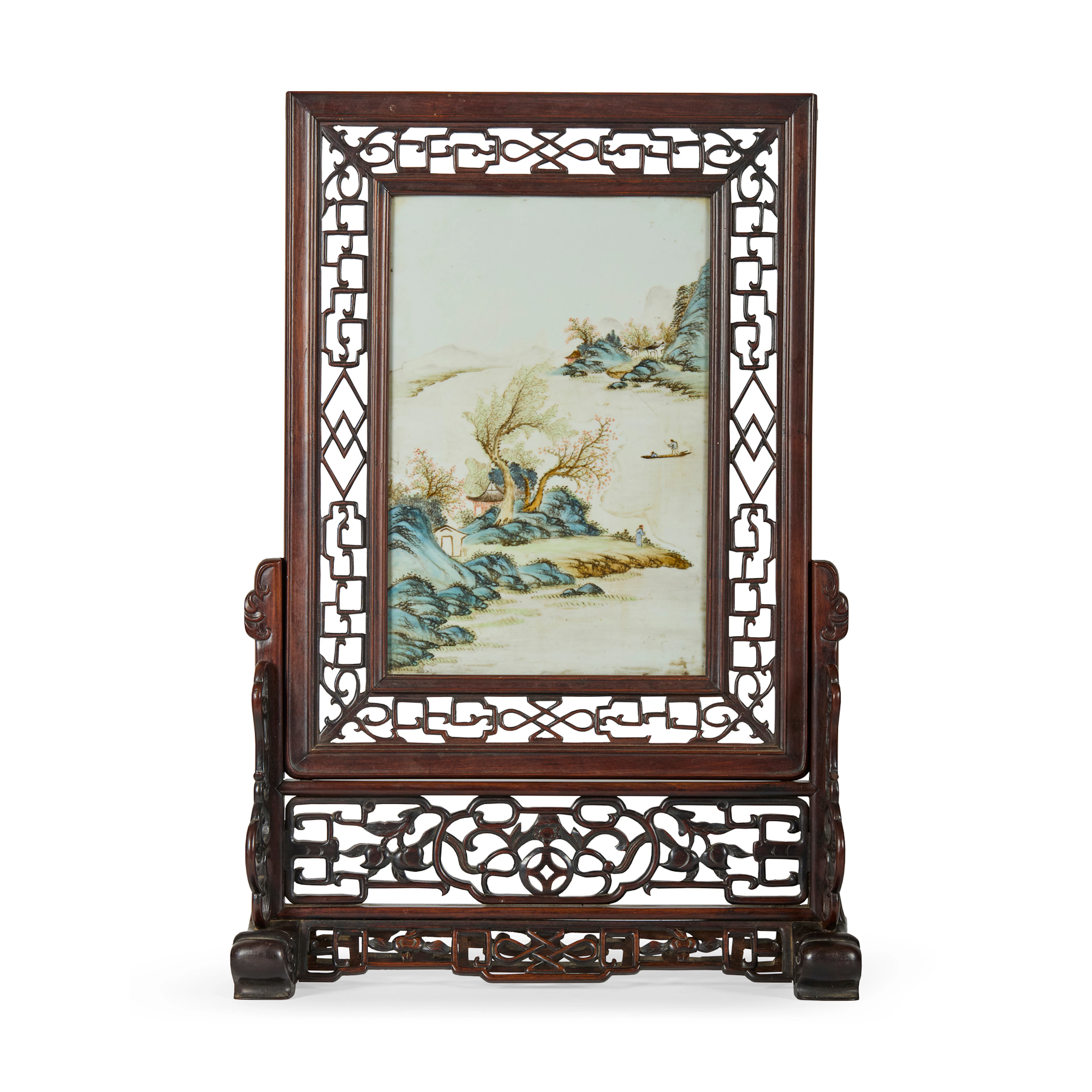 CHINESE FAMILLE ROSE PORCELAIN PLAQUE INSET HARDWOOD TABLE SCREEN