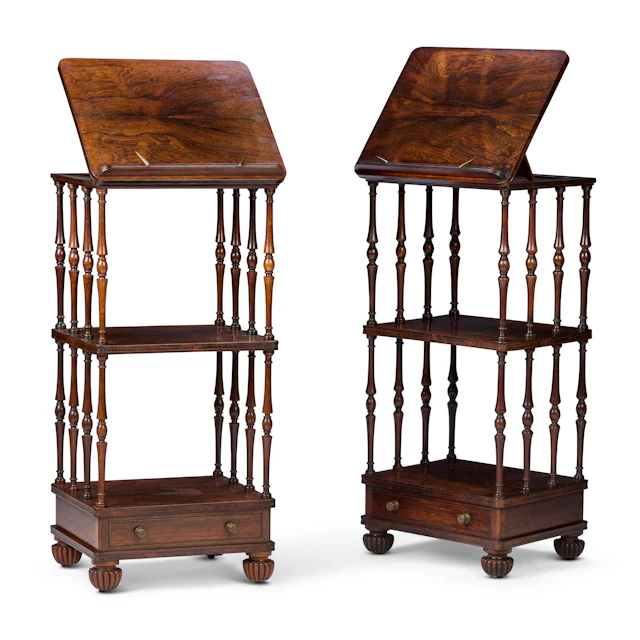 PAIR OF LATE REGENCY ROSEWOOD WHATNOTS, IN THE MANNER OF GILLOWS