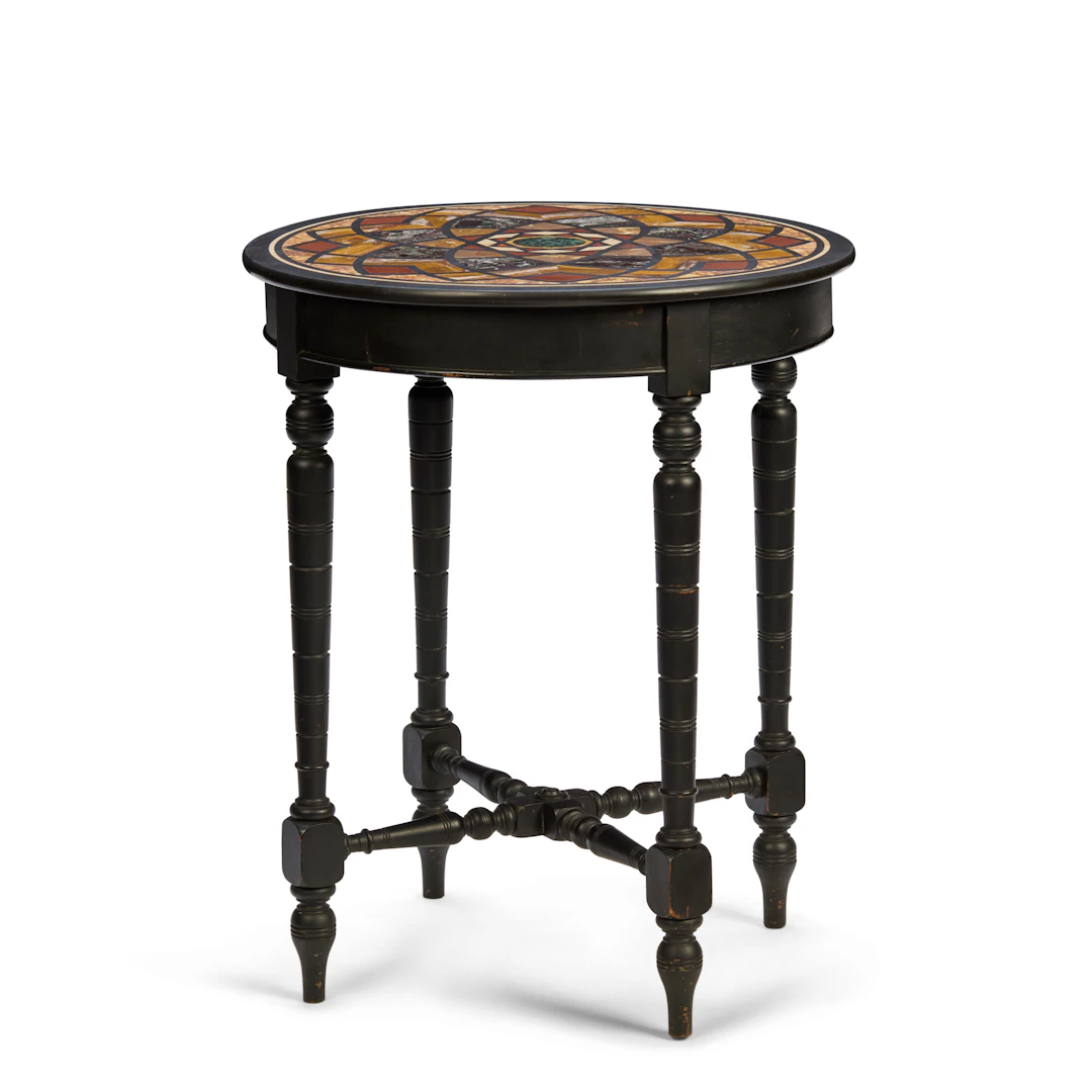 VICTORIAN SPECIMEN MARBLE AND EBONISED TABLE
