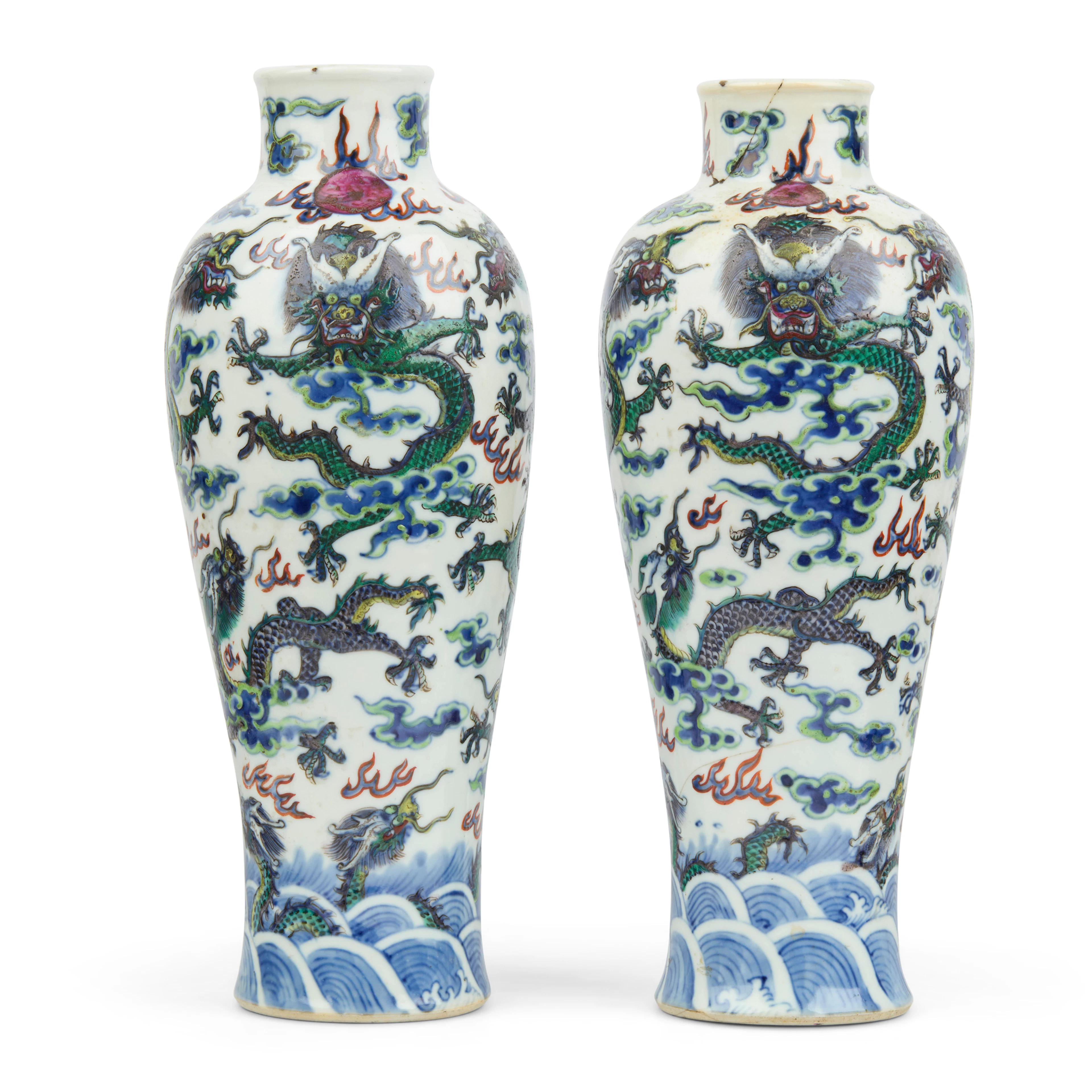PAIR OF CLOBBERED BLUE AND WHITE 'DRAGON' VASES