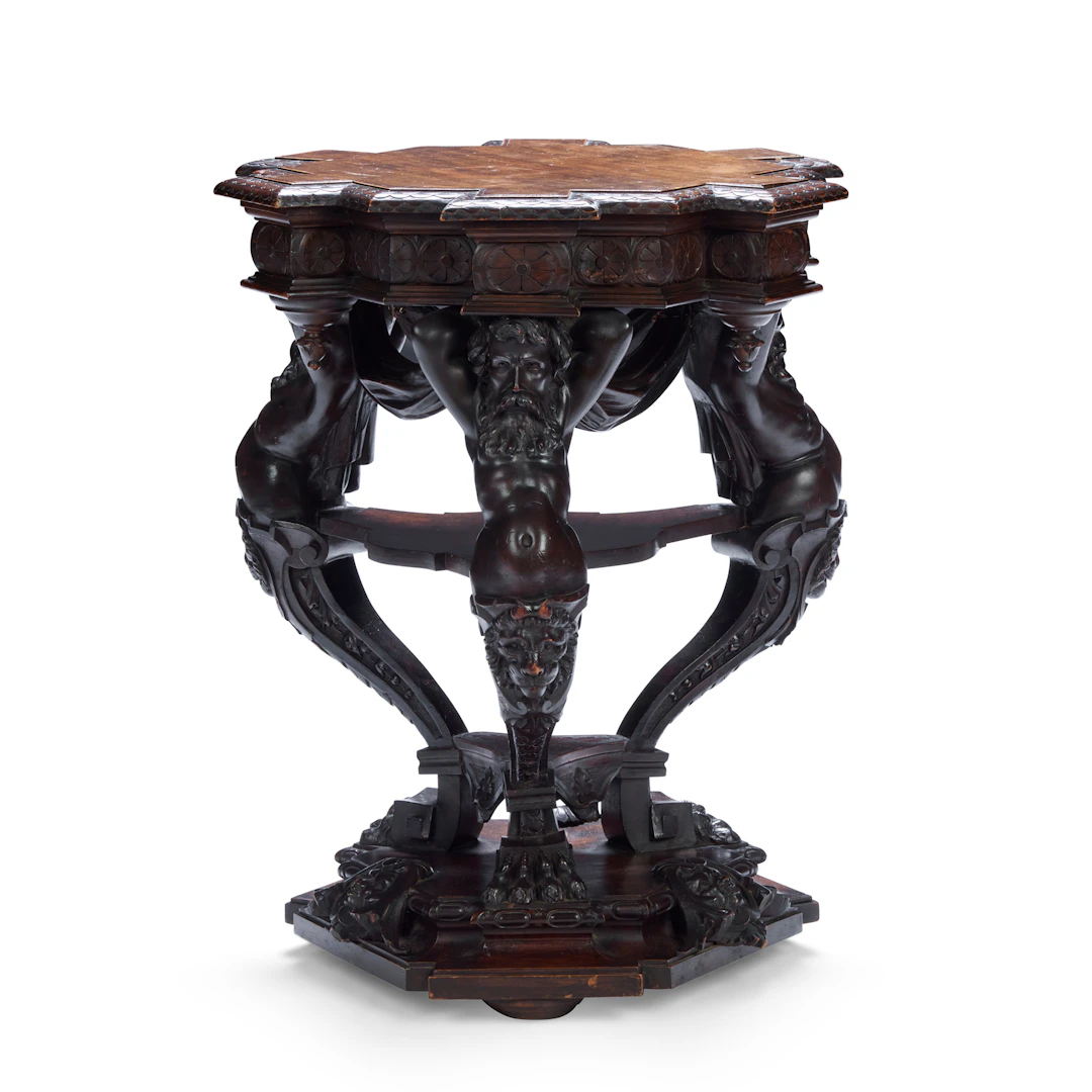 FRENCH RENAISSANCE STYLE WALNUT PEDESTAL TABLE, IN THE MANNER OF JACQUES