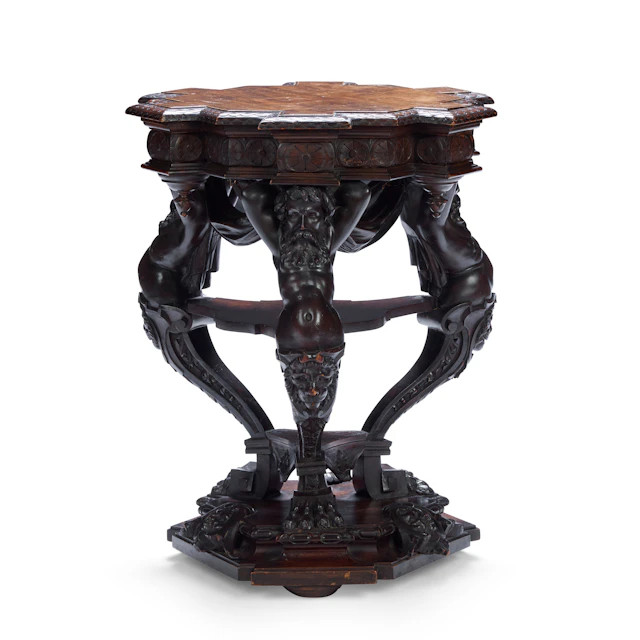 FRENCH RENAISSANCE STYLE WALNUT PEDESTAL TABLE, IN THE MANNER OF JACQUES