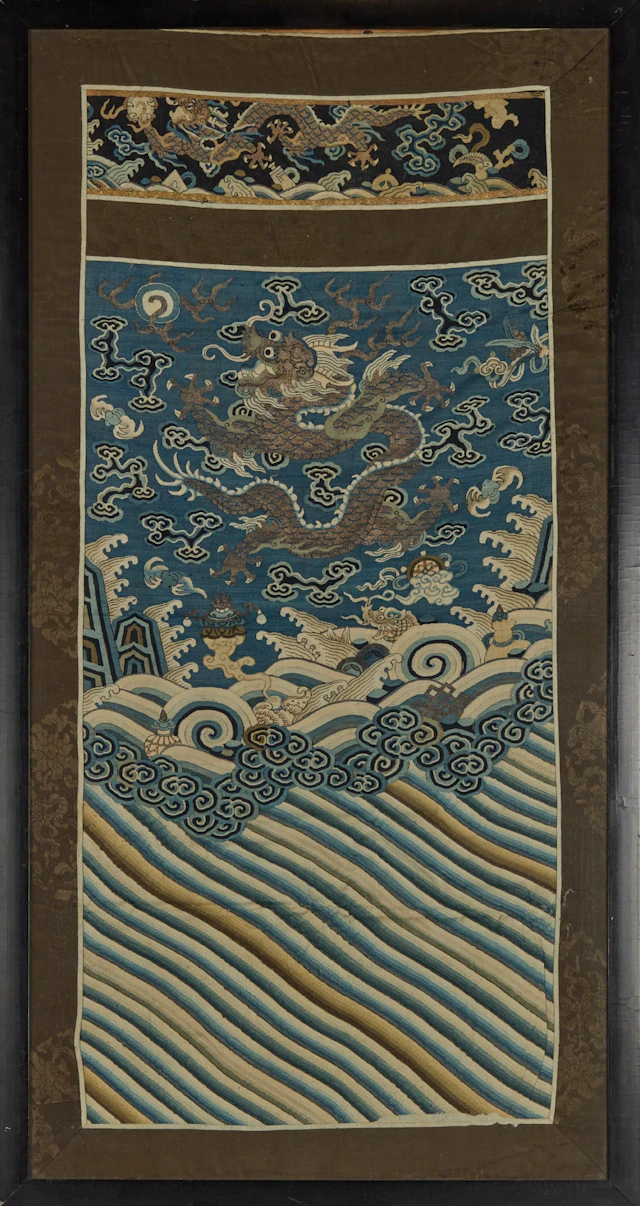 CHINESE SILK KESI BLUE-GROUND 'DRAGON' PANEL
