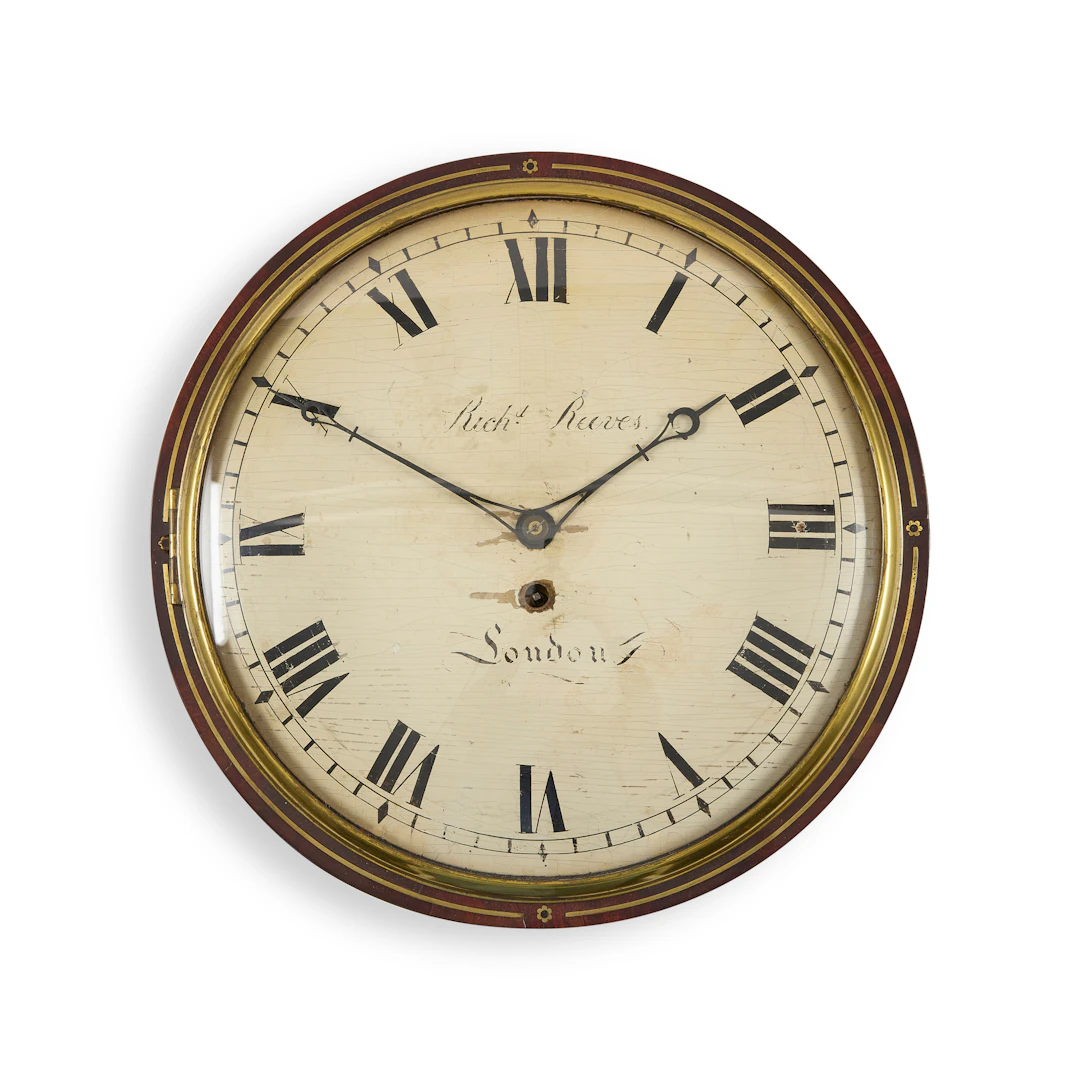 LATE REGENCY BRASS INLAID MAHOGANY WALL DIAL CLOCK, RICHARD REEVES, LONDON