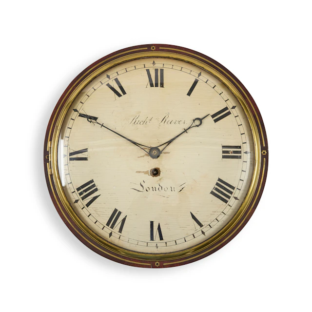 LATE REGENCY BRASS INLAID MAHOGANY WALL DIAL CLOCK, RICHARD REEVES, LONDON