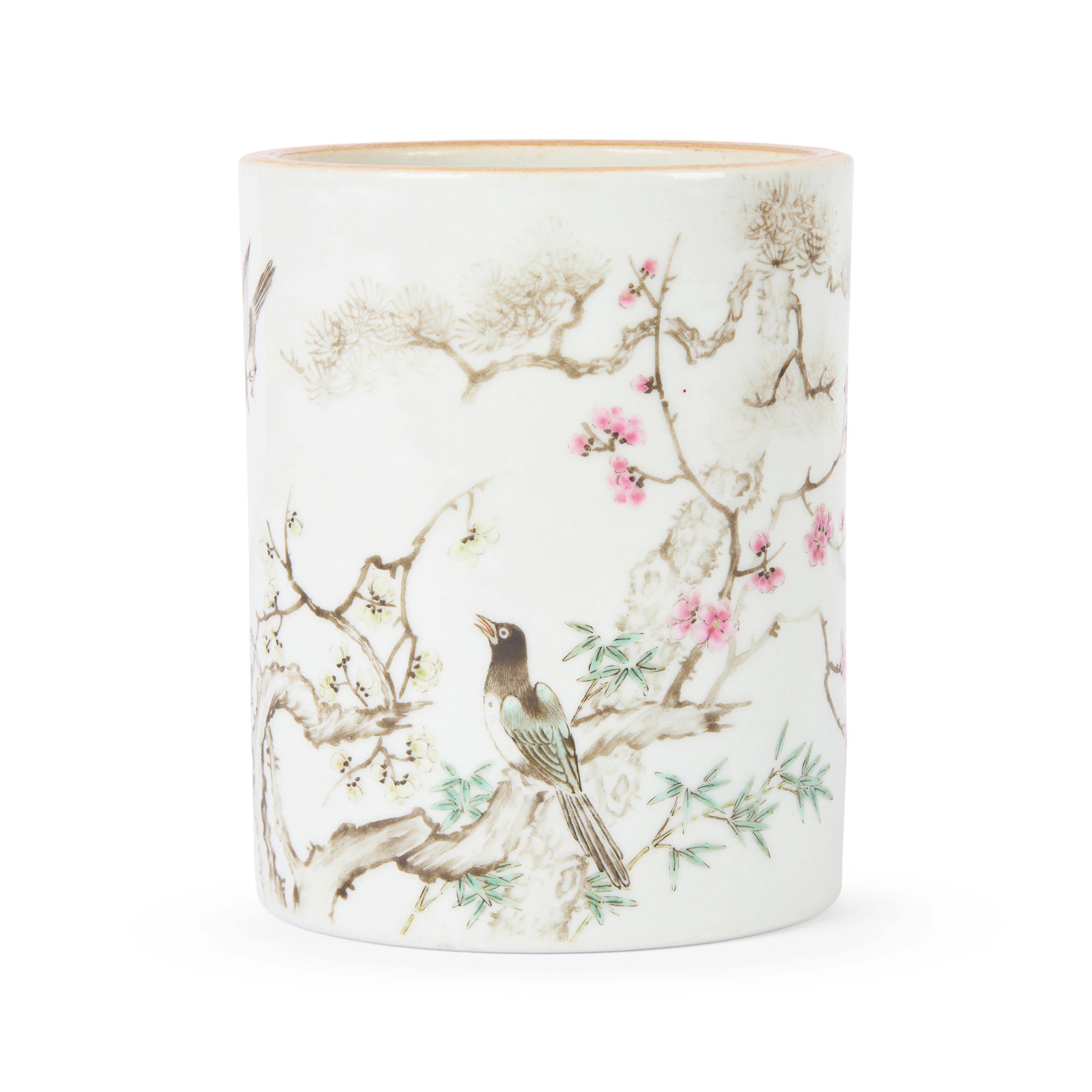 CHINESE FAMILLE ROSE 'MAGPIE AND PRUNUS' BRUSH POT