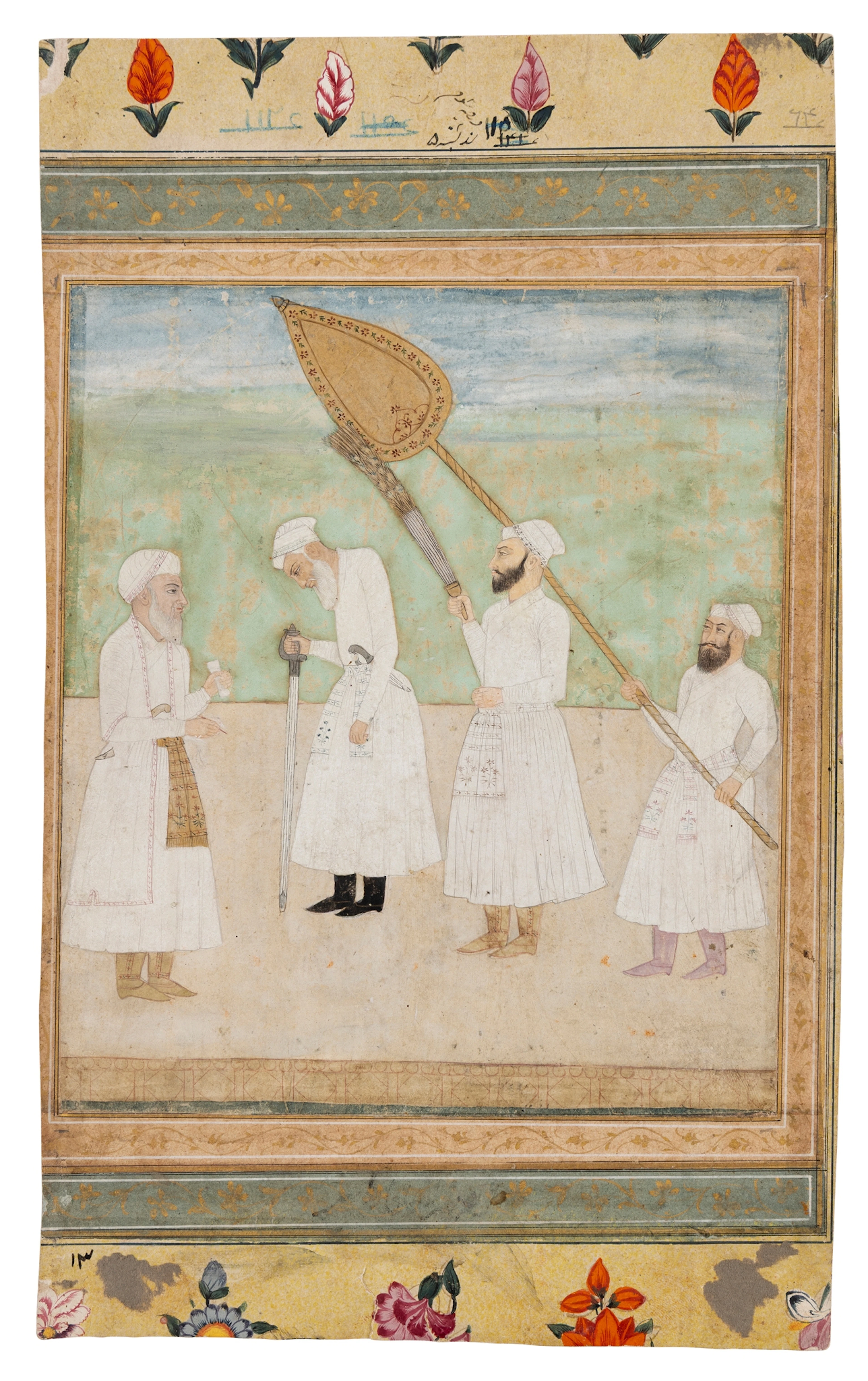 A MUGHAL ALBUM PAGE: THE ELDERLY AURENGZEB WITH COURTIERS