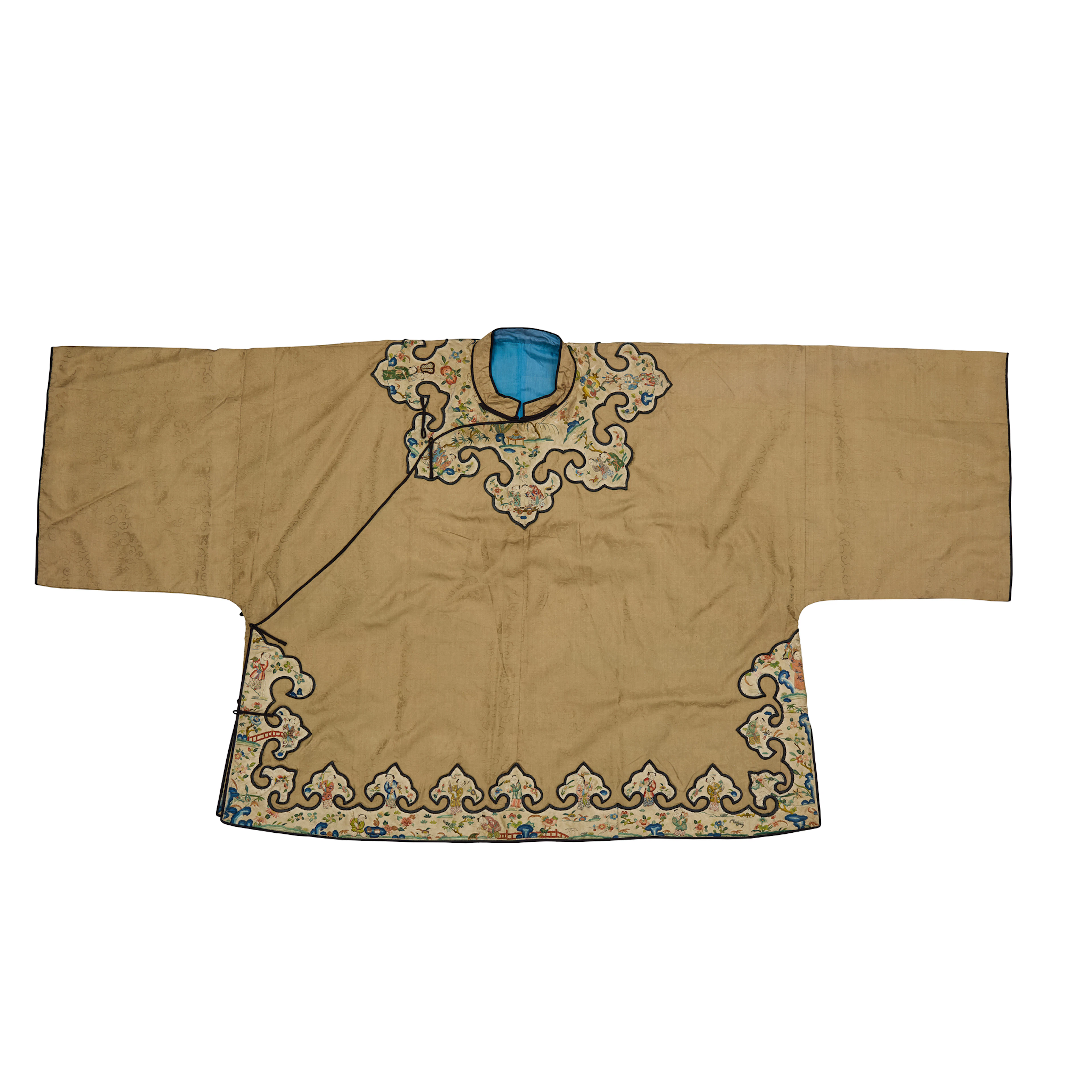 CHINESE CAFE-AU-LAIT-GROUND SILK EMBROIDERED 'BATS' LADY'S SHORT ROBE