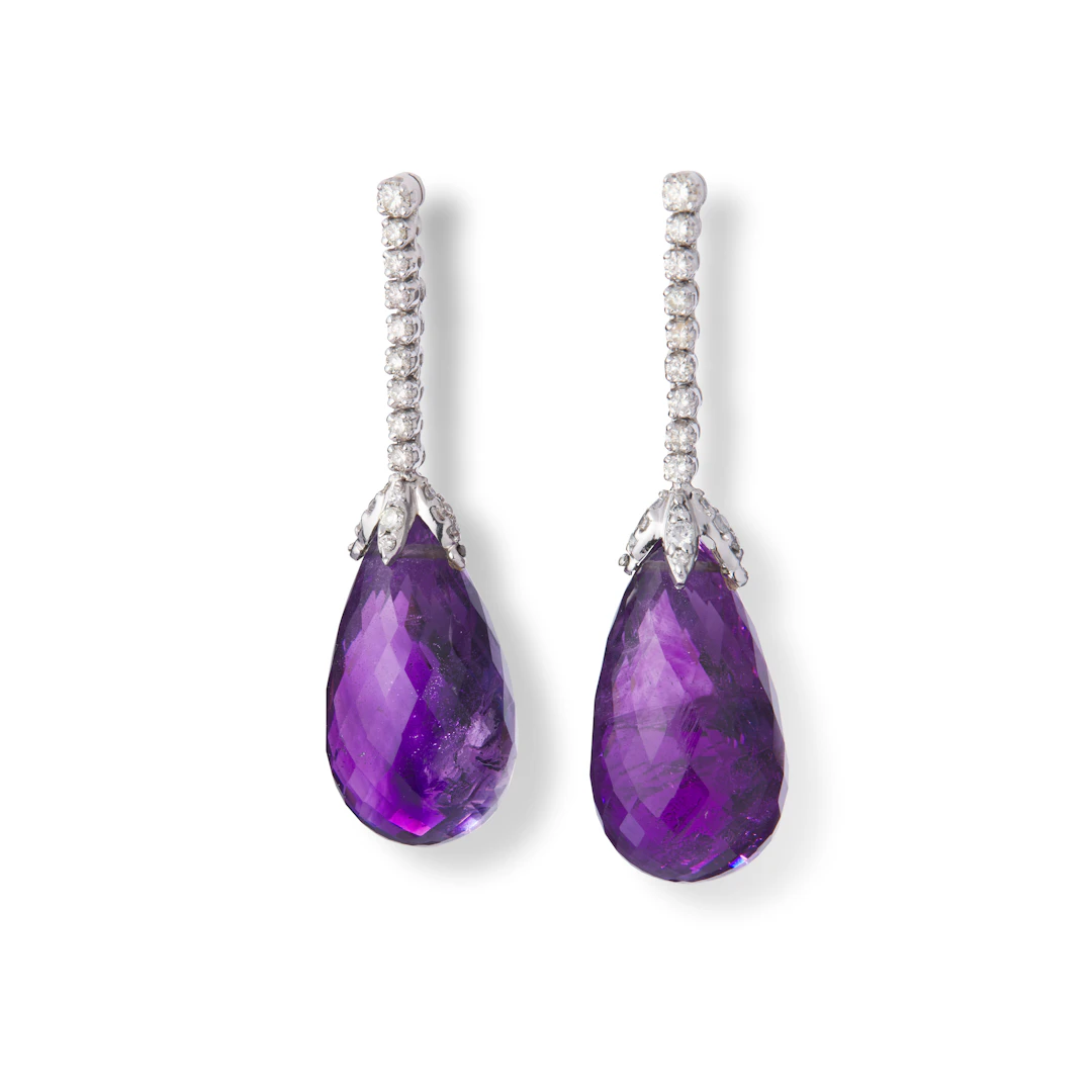 A pair of amethyst briolette and diamond earrings