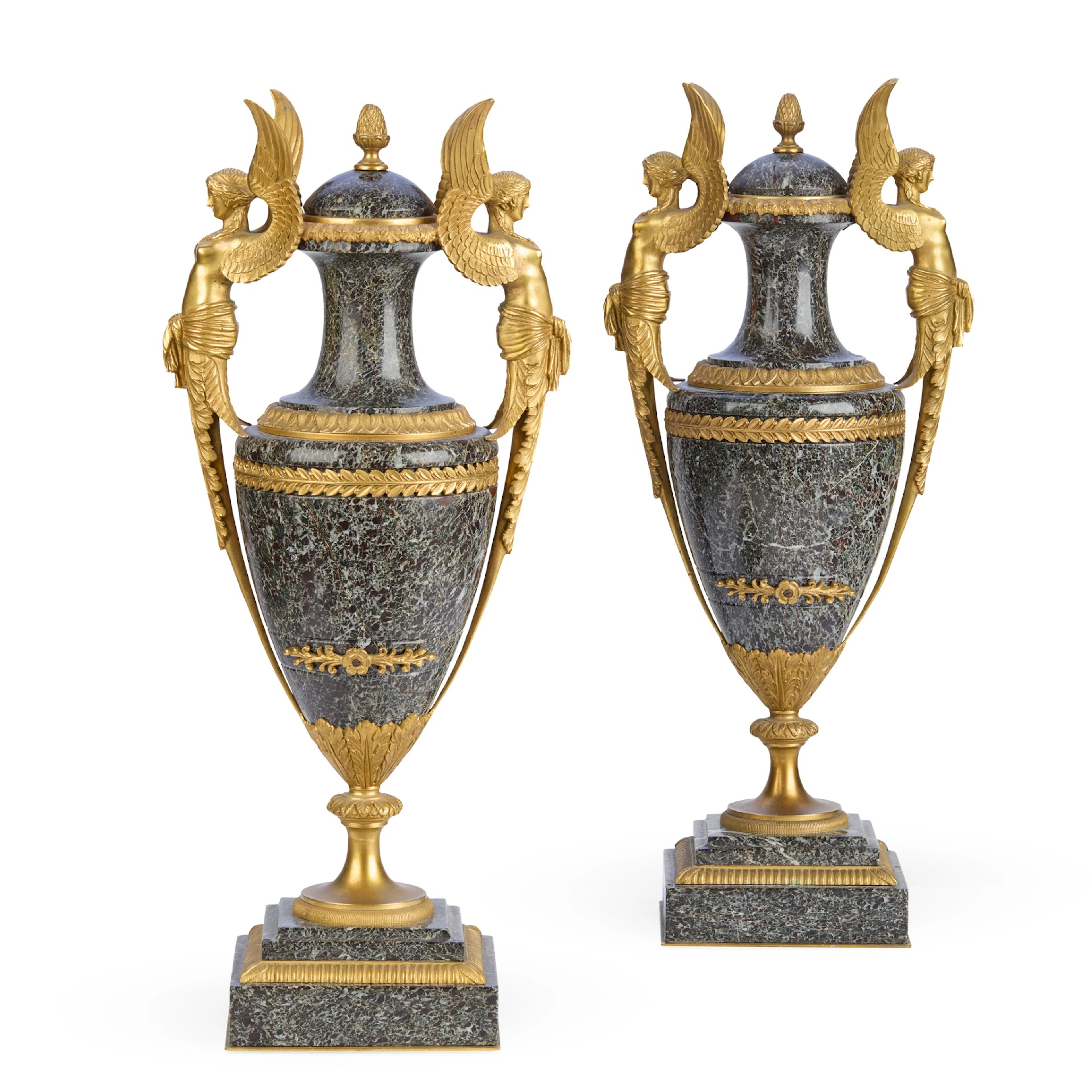 PAIR OF NAPOLEON III VERDE ANTICO AND GILT BRONZE URNS
