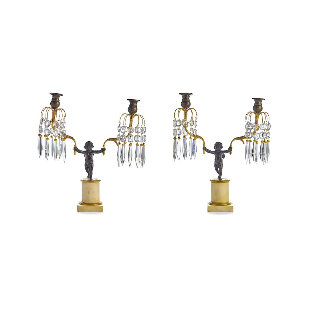PAIR OF REGENCY GILT AND PATINATED BRONZE, MARBLE, AND GLASS FIGURAL CANDELABRA