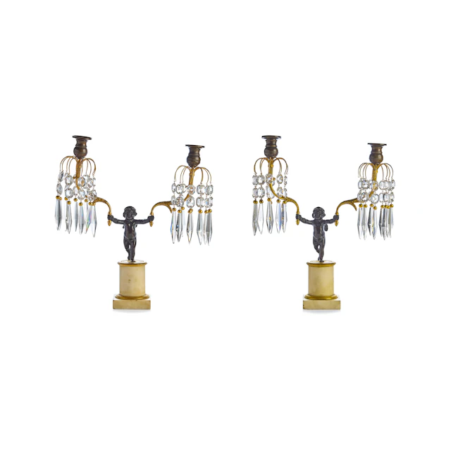 PAIR OF REGENCY GILT AND PATINATED BRONZE, MARBLE, AND GLASS FIGURAL CANDELABRA