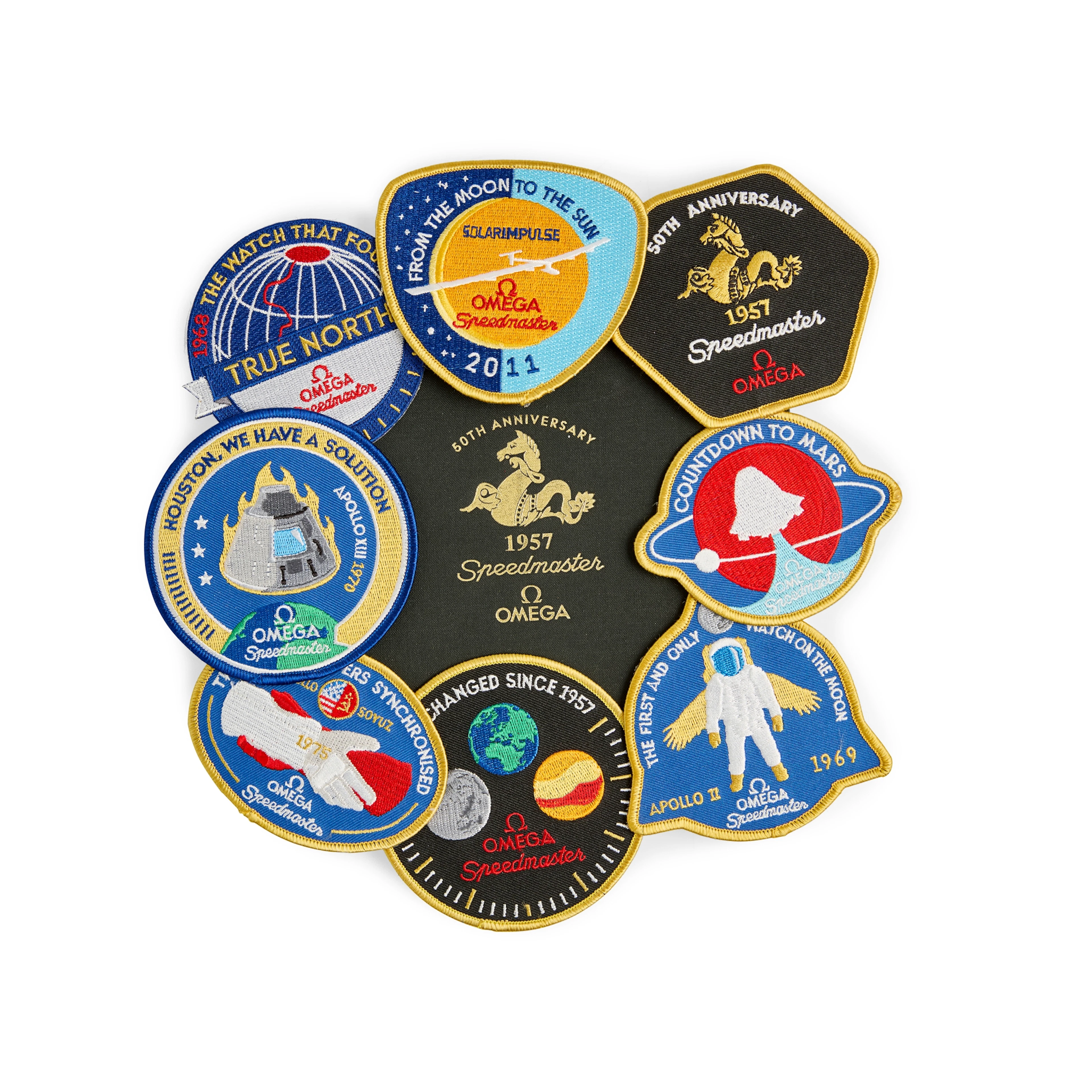 Omega. A rare collection of eight mission patches with a 50th anniversary