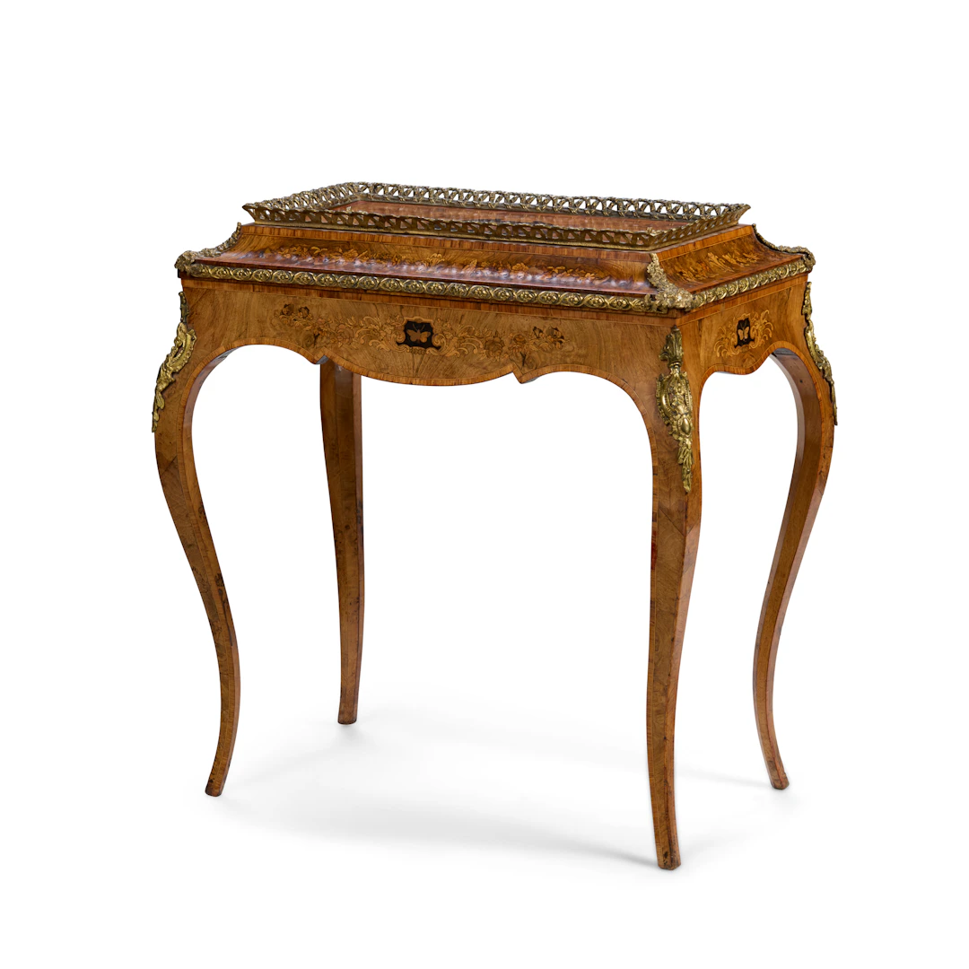 LOUIS XV STYLE KINGWOOD, WALNUT, AND MARQUETRY JARDINIERE TABLE