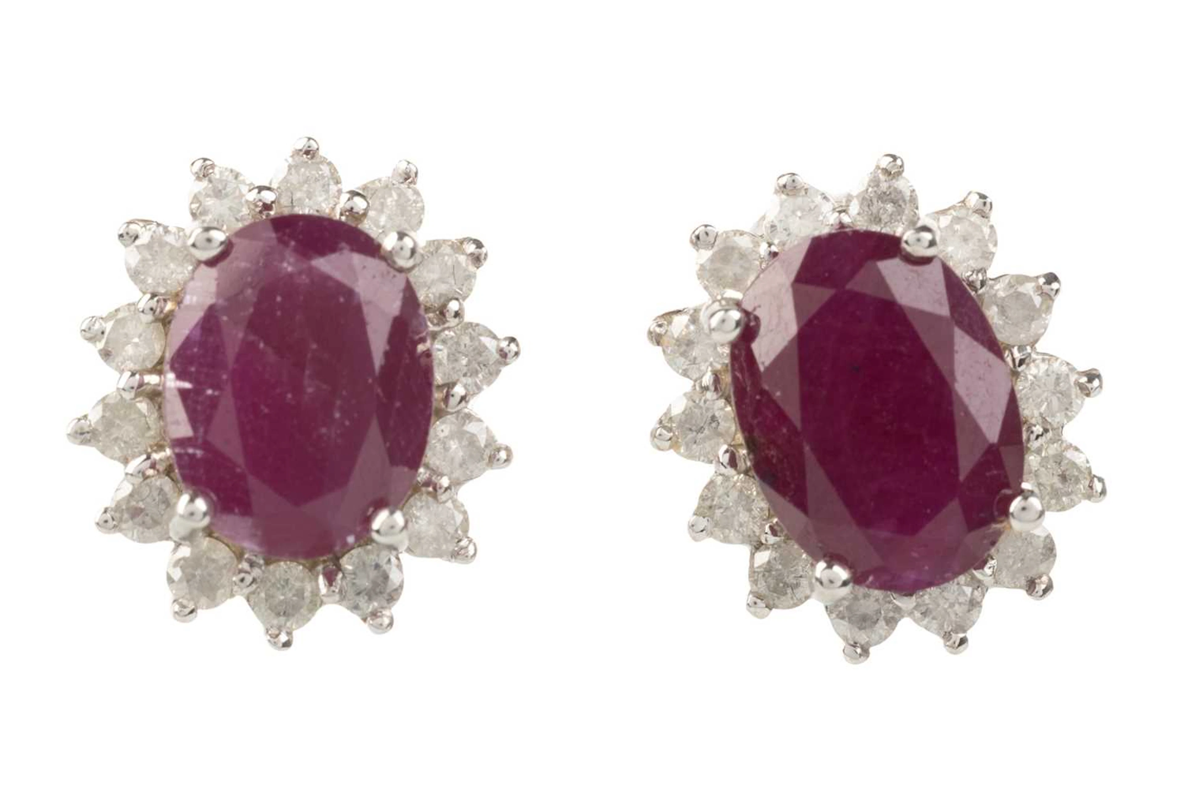 PAIR OF RUBY AND DIAMOND CLUSTER EARRINGS LATE 20TH CENTURY