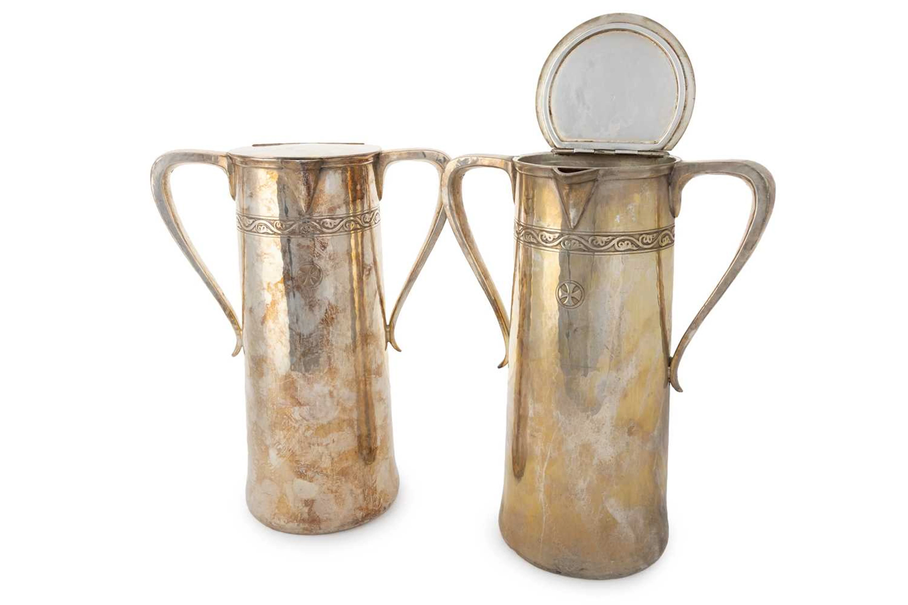 PAIR OF SCOTTISH ARTS & CRAFTS SILVER PLATED WATER JUGS MAKER SORLEY