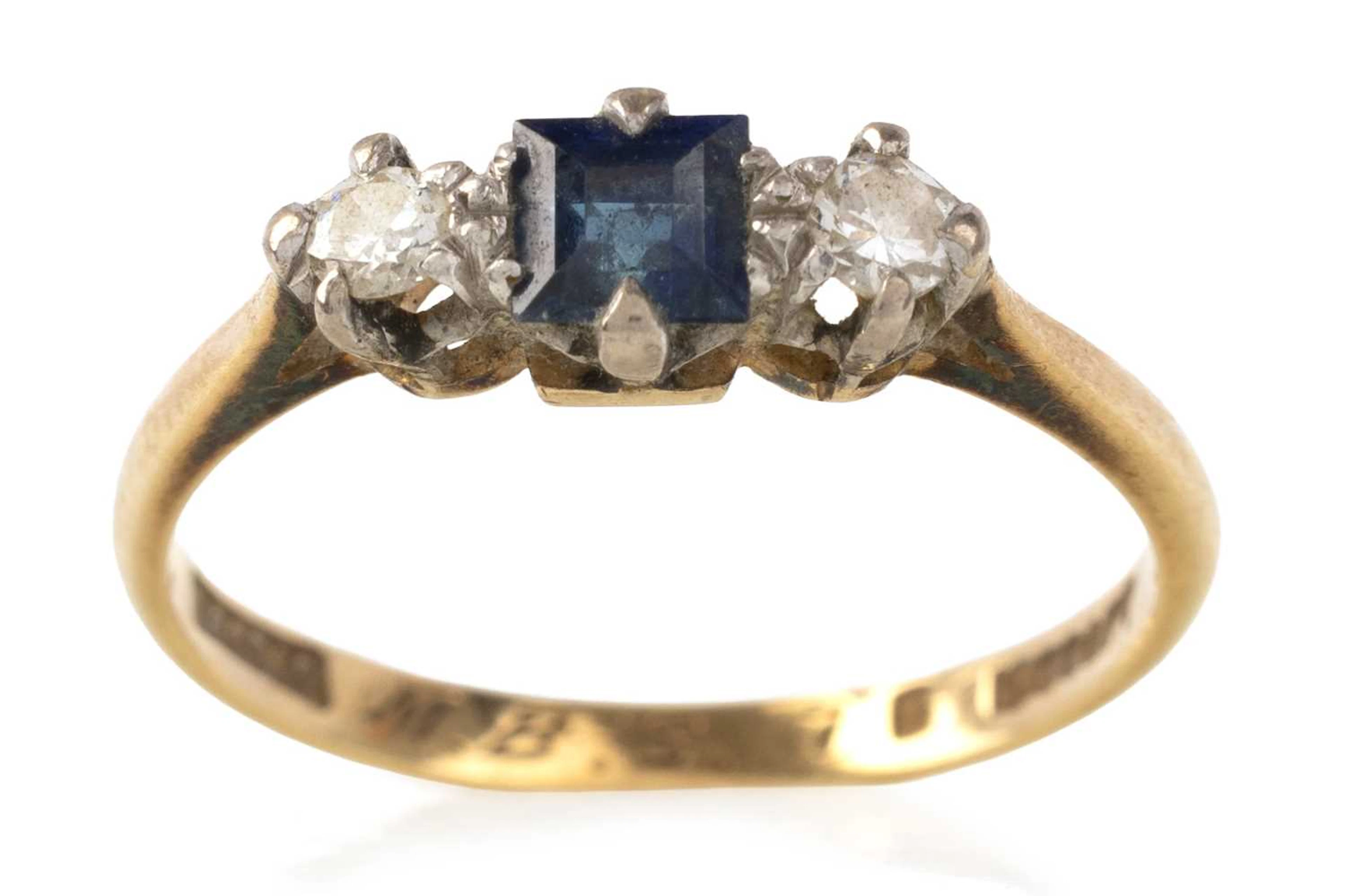 SAPPHIRE AND DIAMOND THREE STONE RING LATE 20TH CENTURY