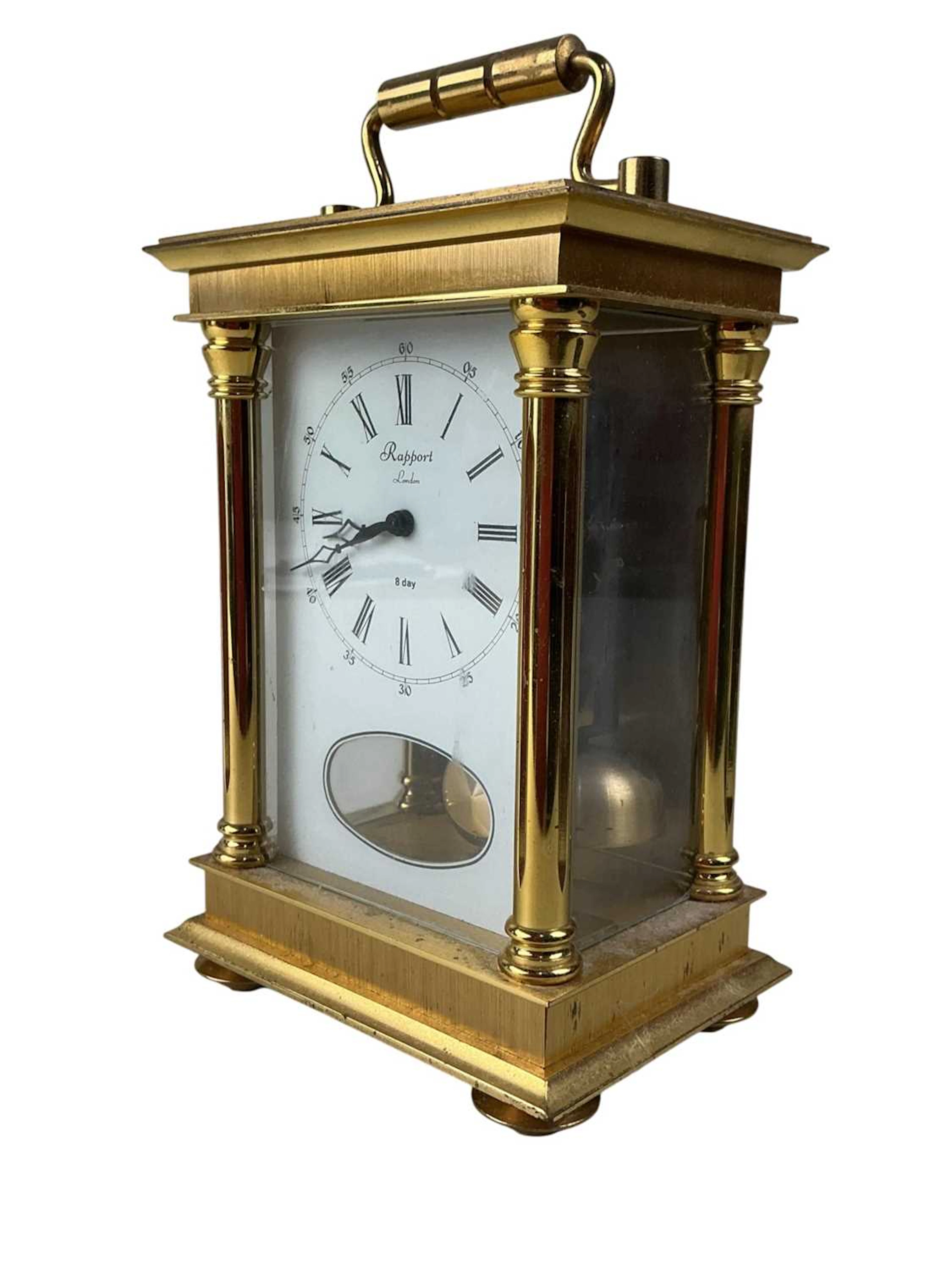 OAK MANTEL CLOCK, MID 20TH CENTURY ALONG WITH A BRASS CARRIAGE CLOCK