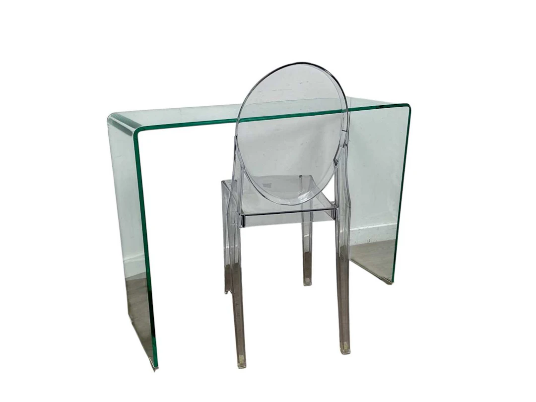 GLASS SIDE TABLE, LATE 20TH CENTURY ALONG WITH A PERSPEX CHAIR