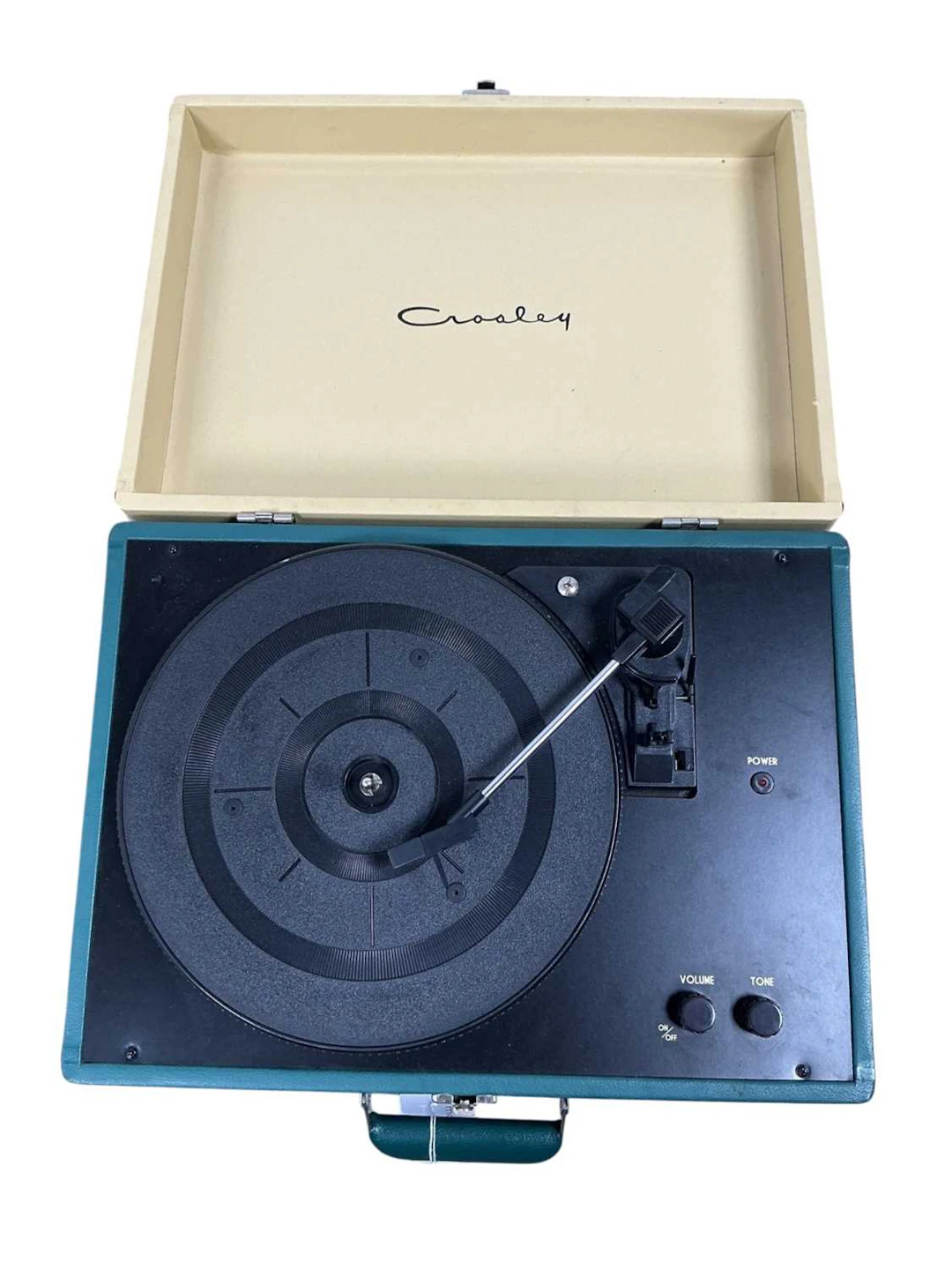 CROSLEY PORTABLE TURN TABLE, EARLY 21ST CENTURY AND TWO ROXEL SPEAKERS