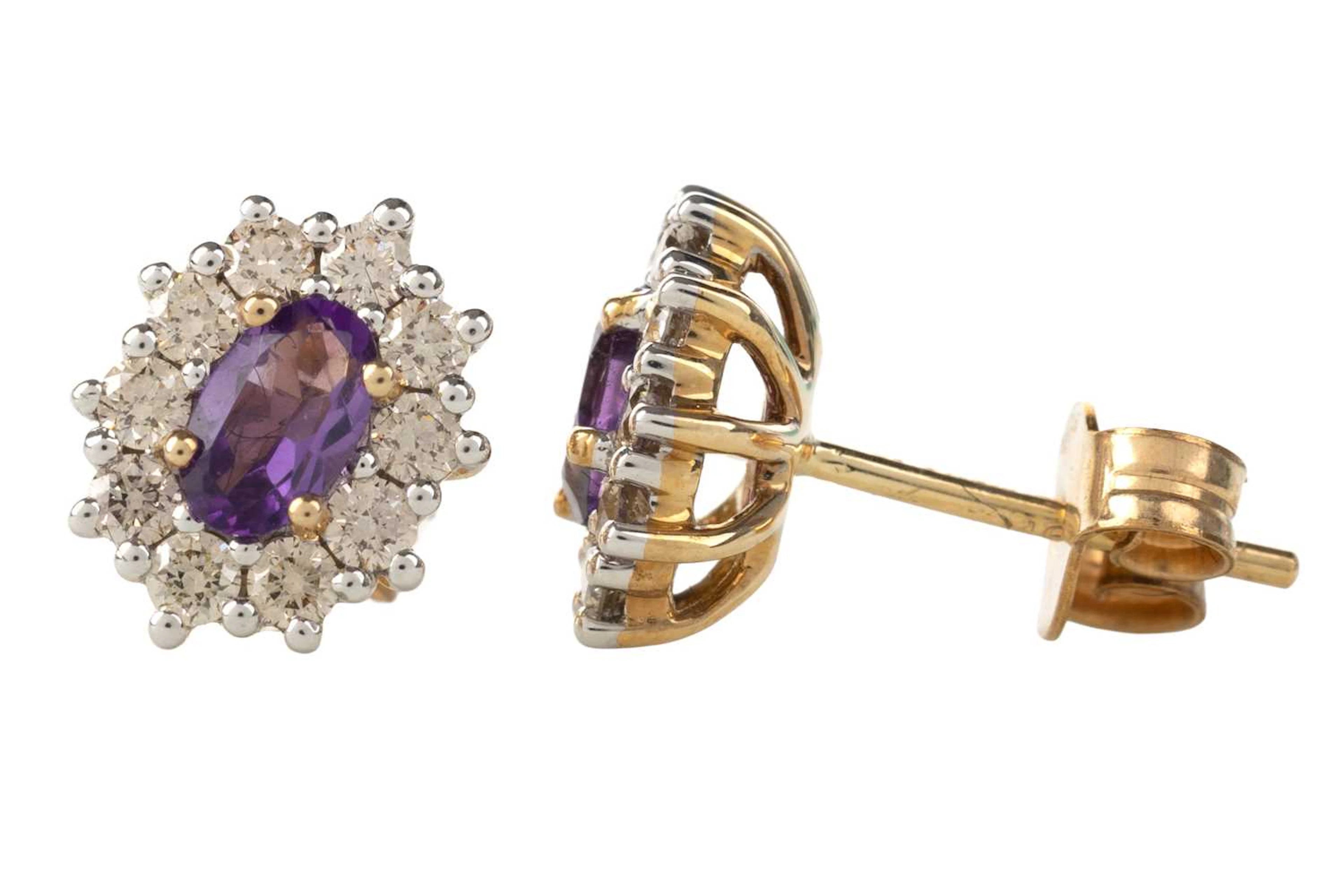 PAIR OF AMETHYST AND DIAMOND CLUSTER EARRINGS 21ST CENTURY