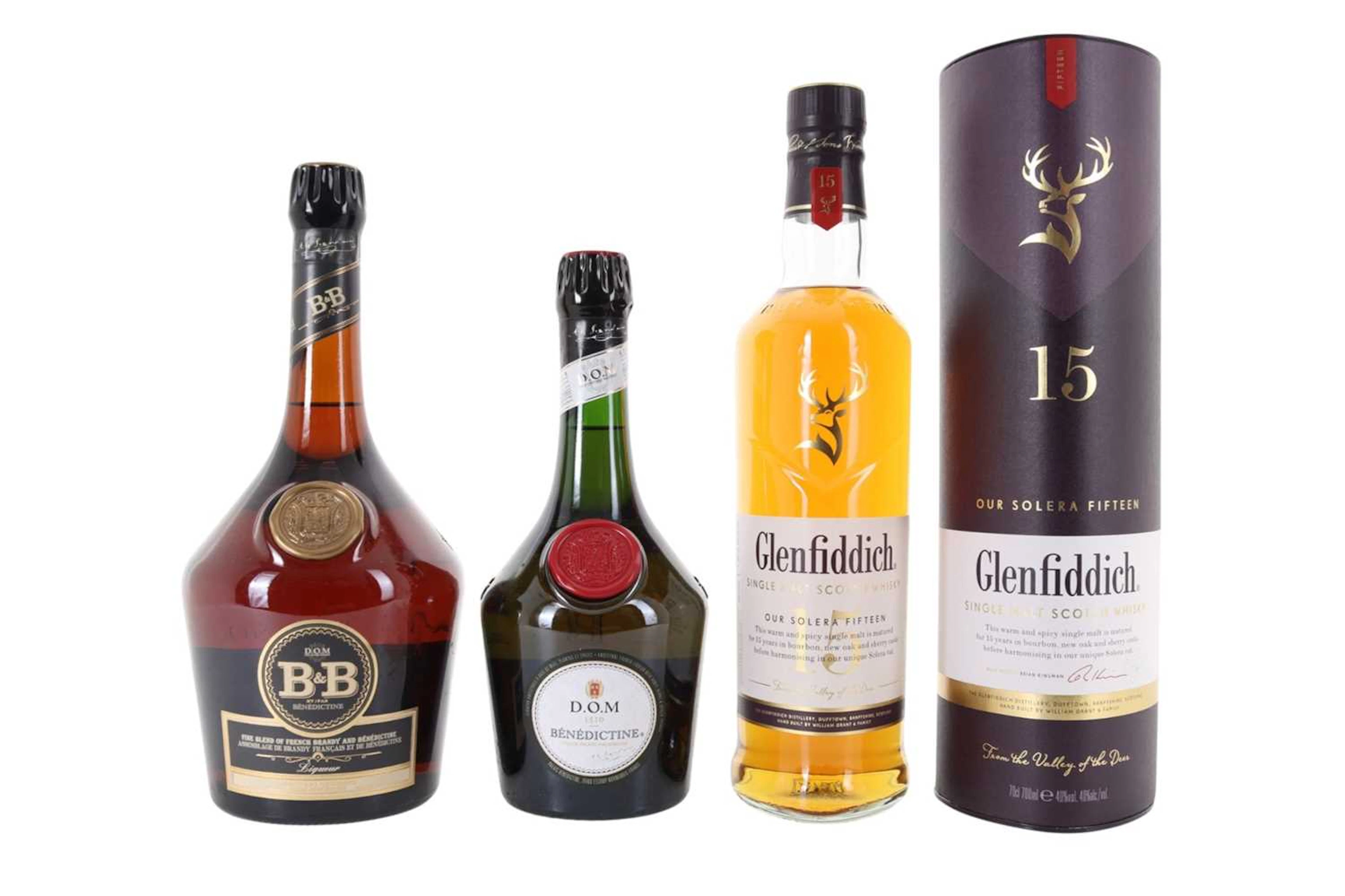 GLENFIDDICH 15 YEAR OLD, D.O.M BENEDICTINE LIQUEUR 50CL AND D.O.M B&B 1L