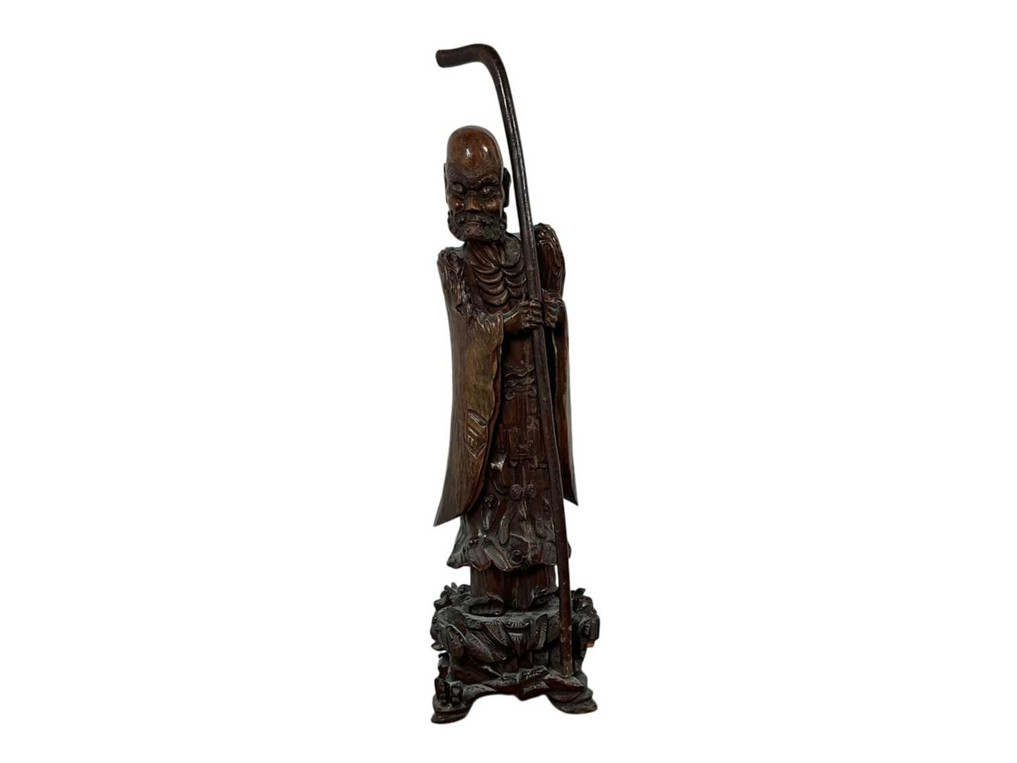 CHINESE CARVED HARDWOOD FIGURE OF SHOU LAO EARLY 20TH CENTURY