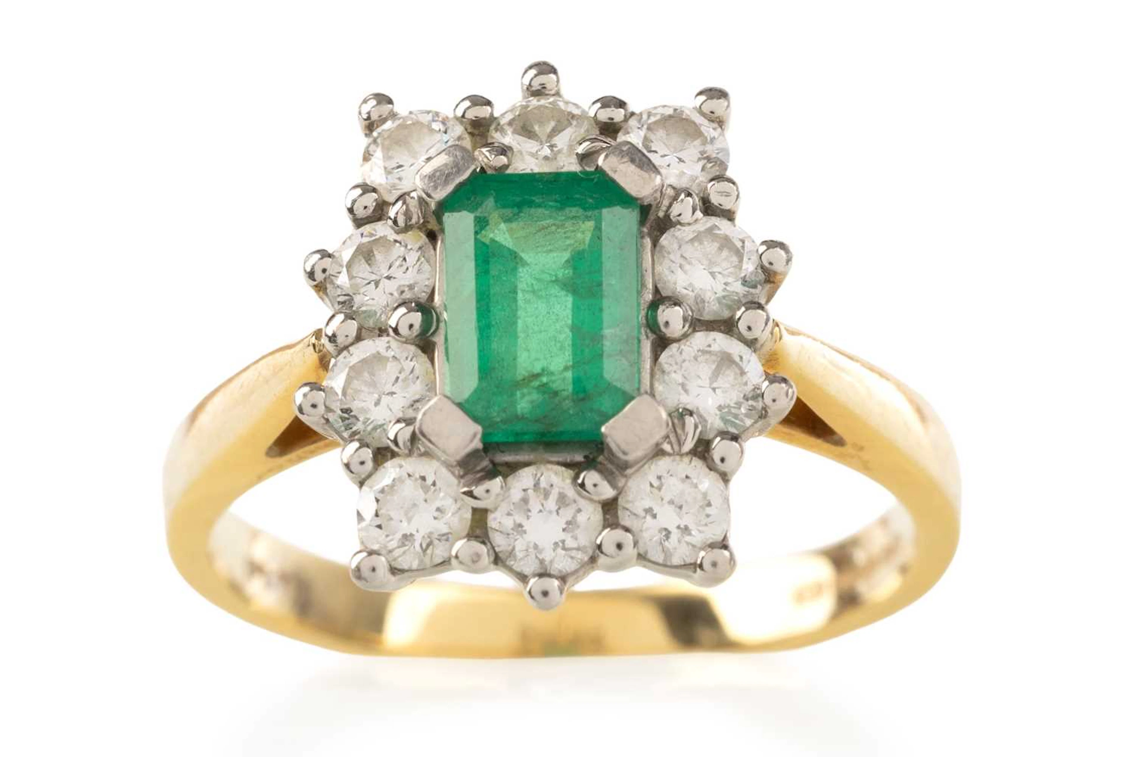 EMERALD AND DIAMOND CLUSTER RING LATE 20TH CENTURY