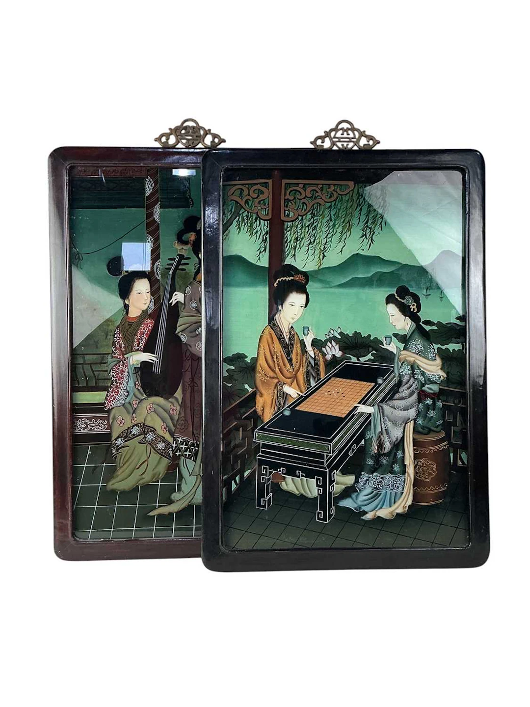 TWO CHINESE REVERSE GLASS PAINTED GLASS PANELS EARLY/MID 20TH CENTURY