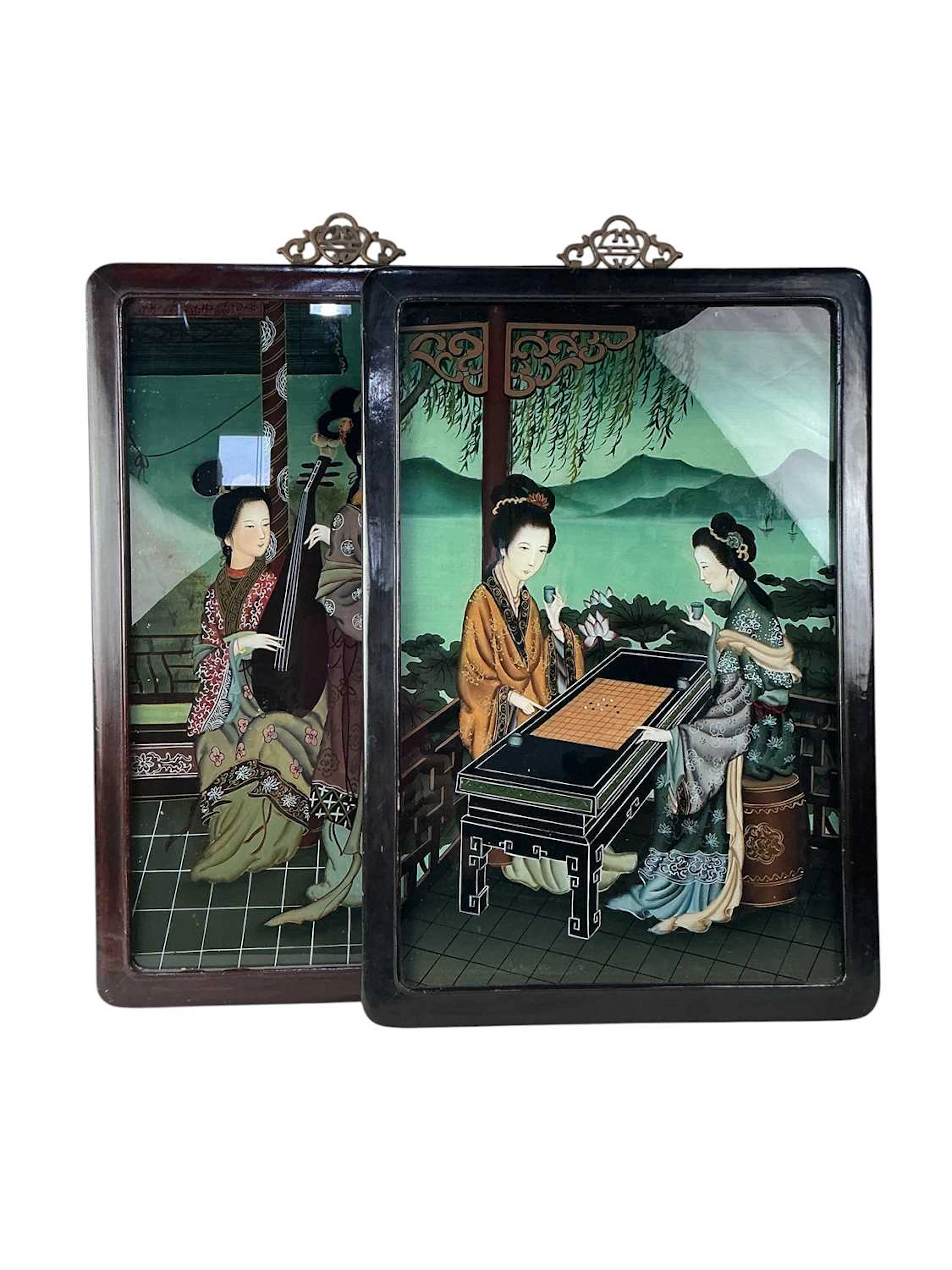 TWO CHINESE REVERSE GLASS PAINTED GLASS PANELS EARLY/MID 20TH CENTURY